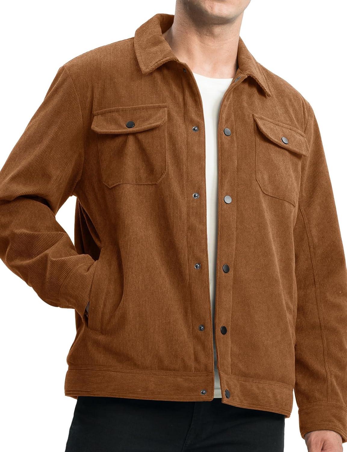 imageTBMPOY Mens Corduroy Jacket Sherpa Fleece Lined Jackets Warm Winter Trucker Work Casual Hiking Coat with 5 PocketsBrown