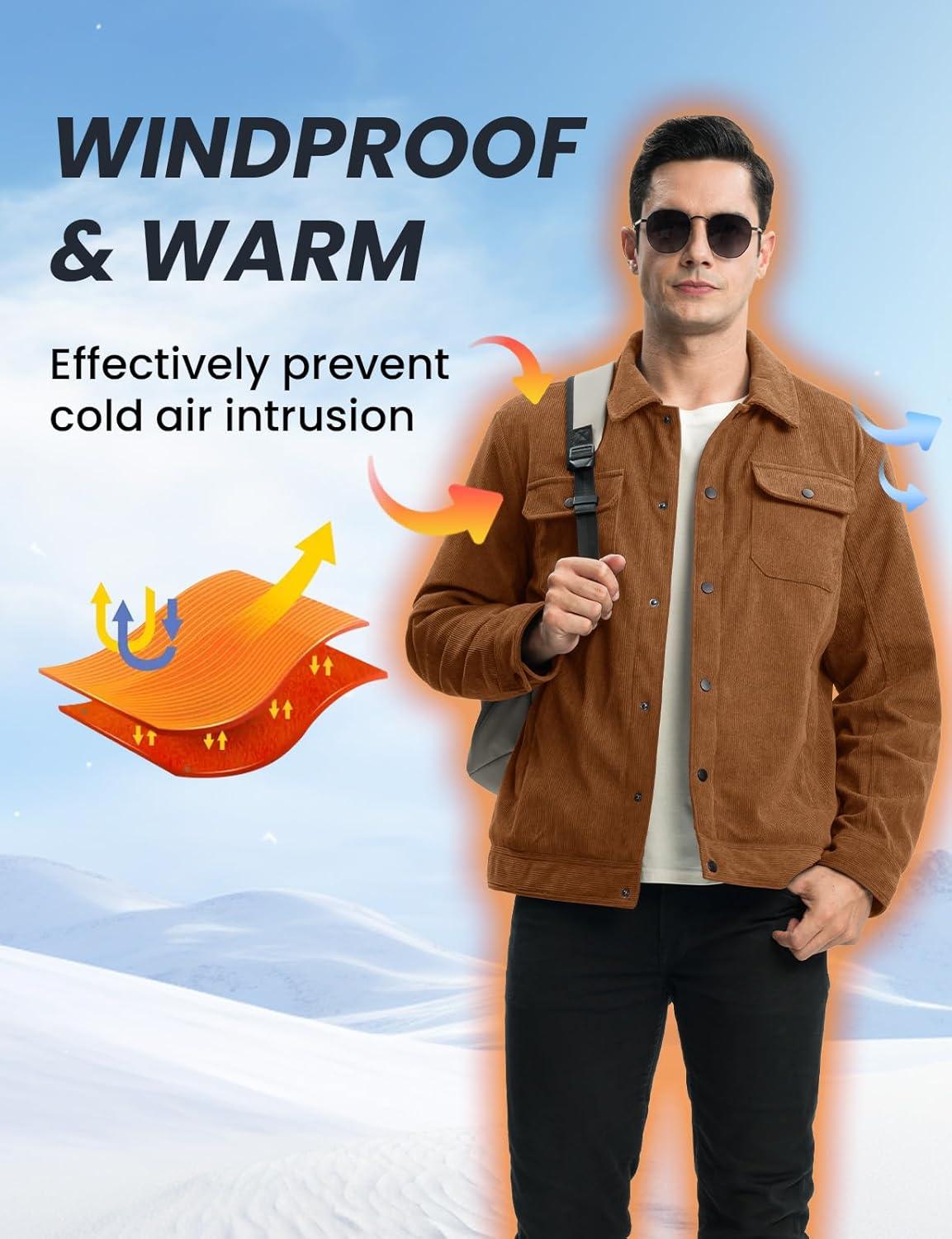 imageTBMPOY Mens Corduroy Jacket Sherpa Fleece Lined Jackets Warm Winter Trucker Work Casual Hiking Coat with 5 PocketsBrown