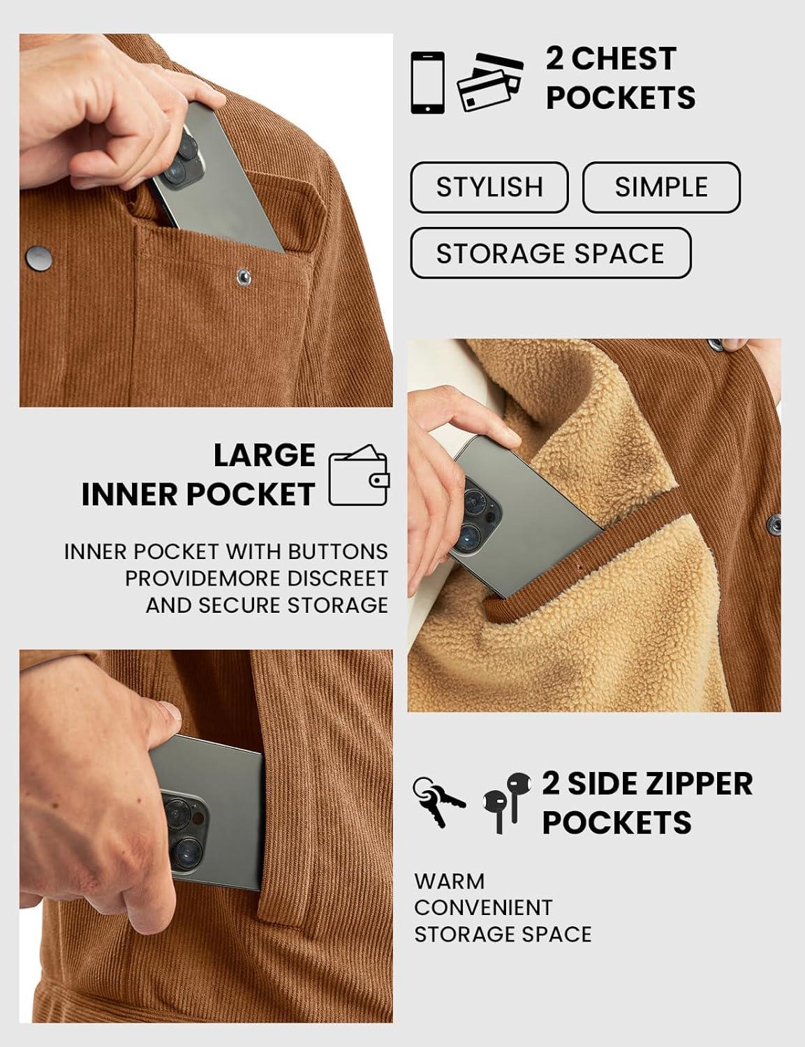 imageTBMPOY Mens Corduroy Jacket Sherpa Fleece Lined Jackets Warm Winter Trucker Work Casual Hiking Coat with 5 PocketsBrown
