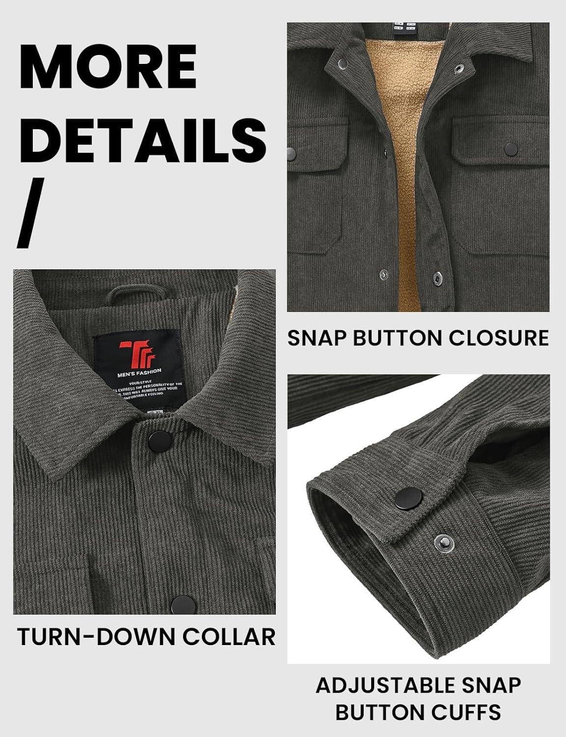 imageTBMPOY Mens Corduroy Jacket Sherpa Fleece Lined Jackets Warm Winter Trucker Work Casual Hiking Coat with 5 PocketsDark Grey