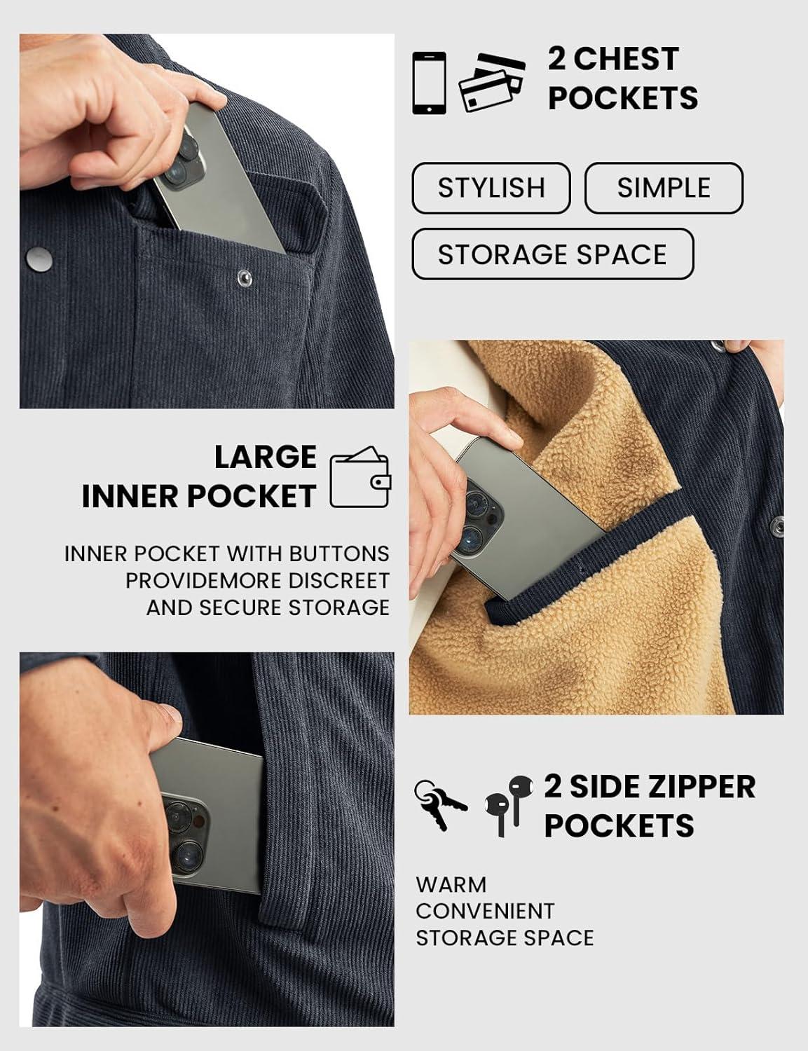 imageTBMPOY Mens Corduroy Jacket Sherpa Fleece Lined Jackets Warm Winter Trucker Work Casual Hiking Coat with 5 PocketsNavy Blue