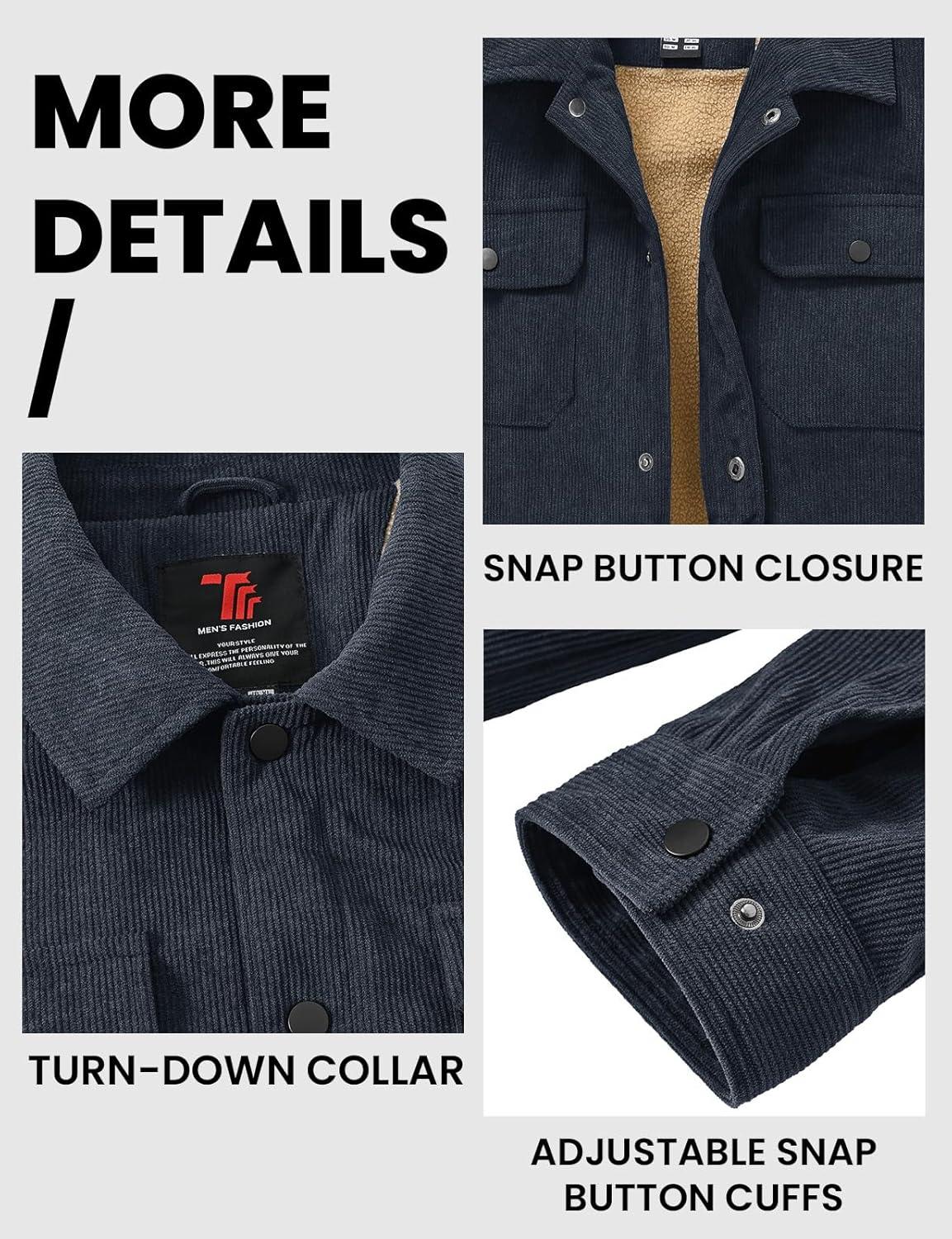 imageTBMPOY Mens Corduroy Jacket Sherpa Fleece Lined Jackets Warm Winter Trucker Work Casual Hiking Coat with 5 PocketsNavy Blue