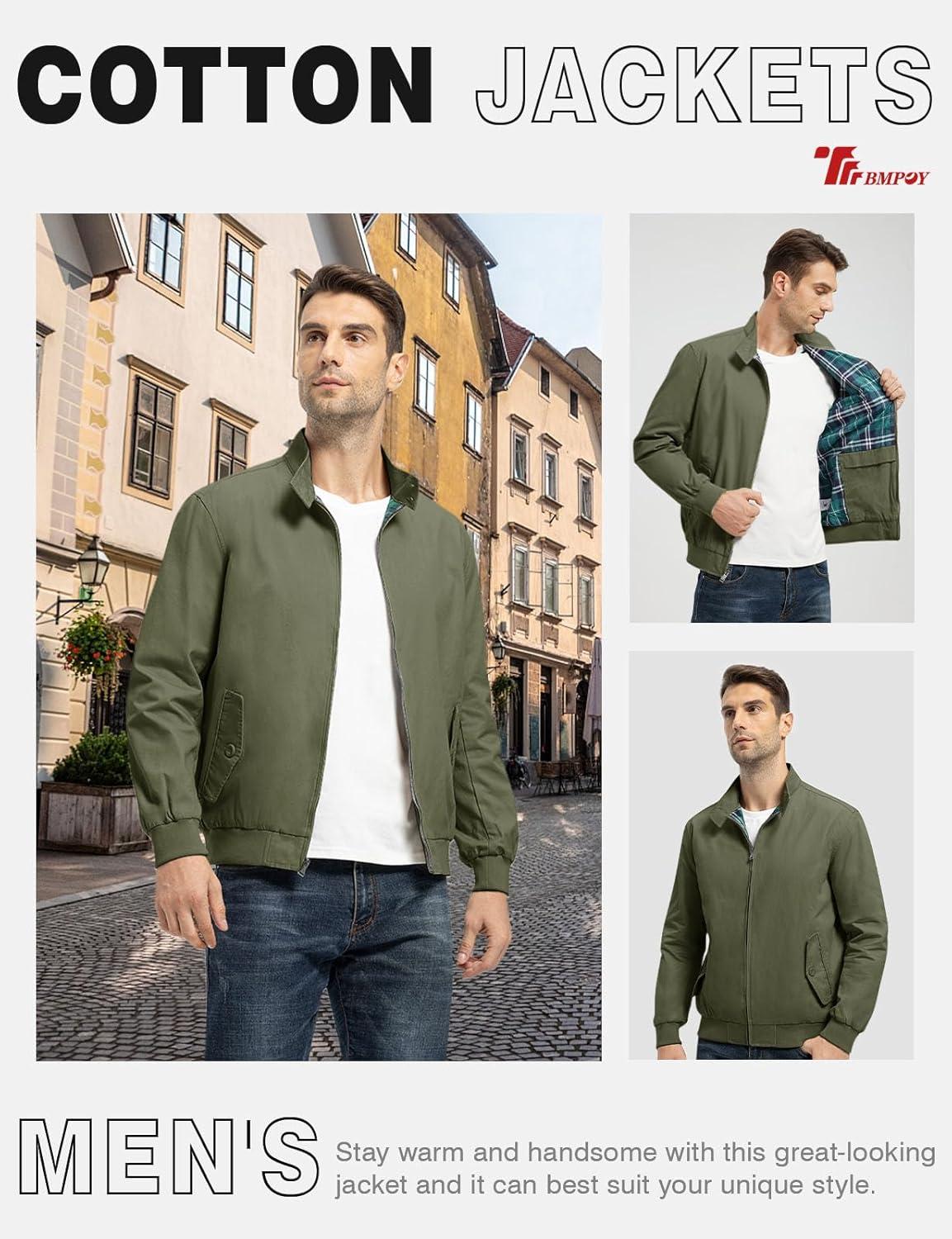imageTBMPOY Mens Lightweight Cotton Jackets Golf Full Zip Windbreaker Spring Fall Stylish Casual Jackets Work bomberArmy Green