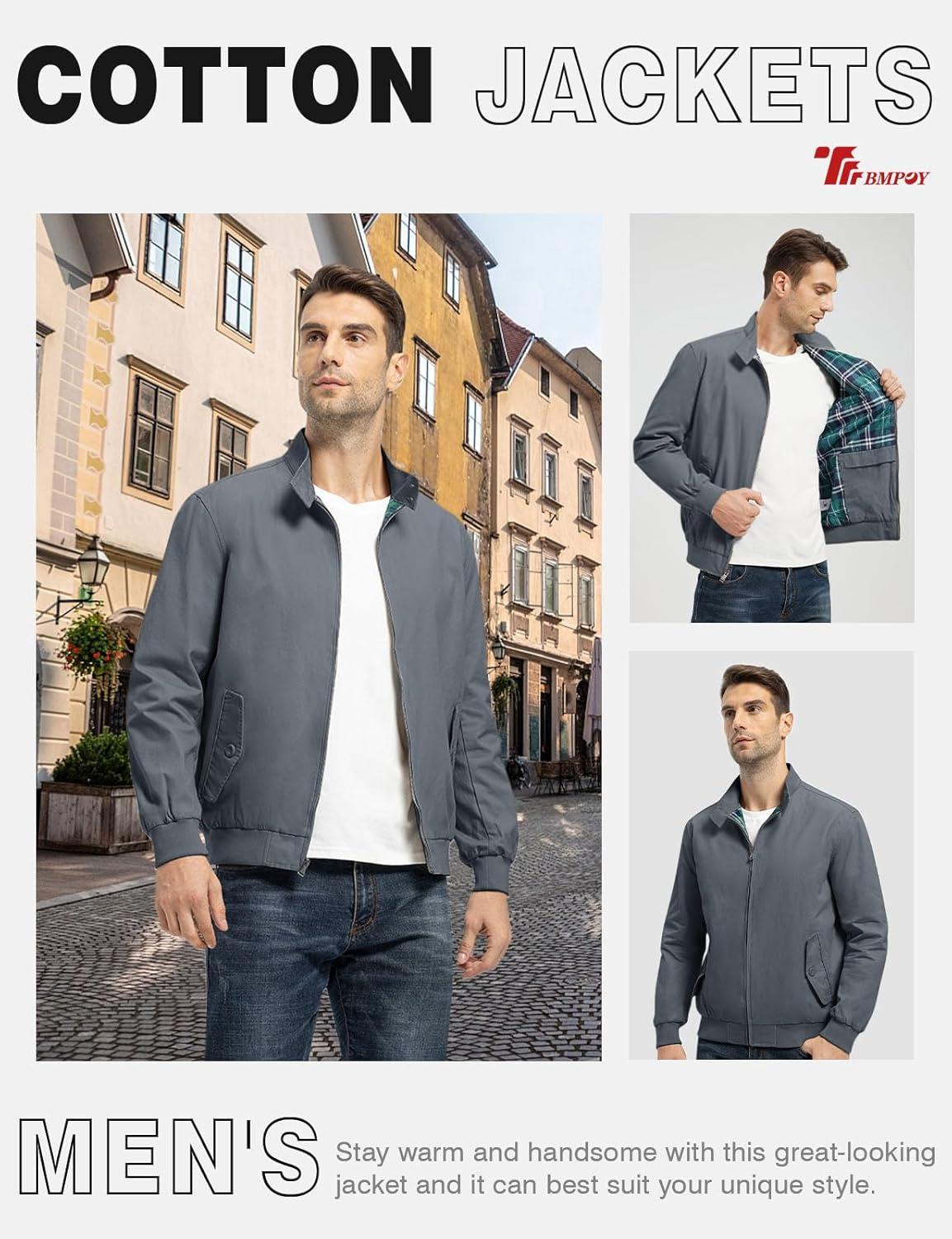 imageTBMPOY Mens Lightweight Cotton Jackets Golf Full Zip Windbreaker Spring Fall Stylish Casual Jackets Work bomberDark Grey
