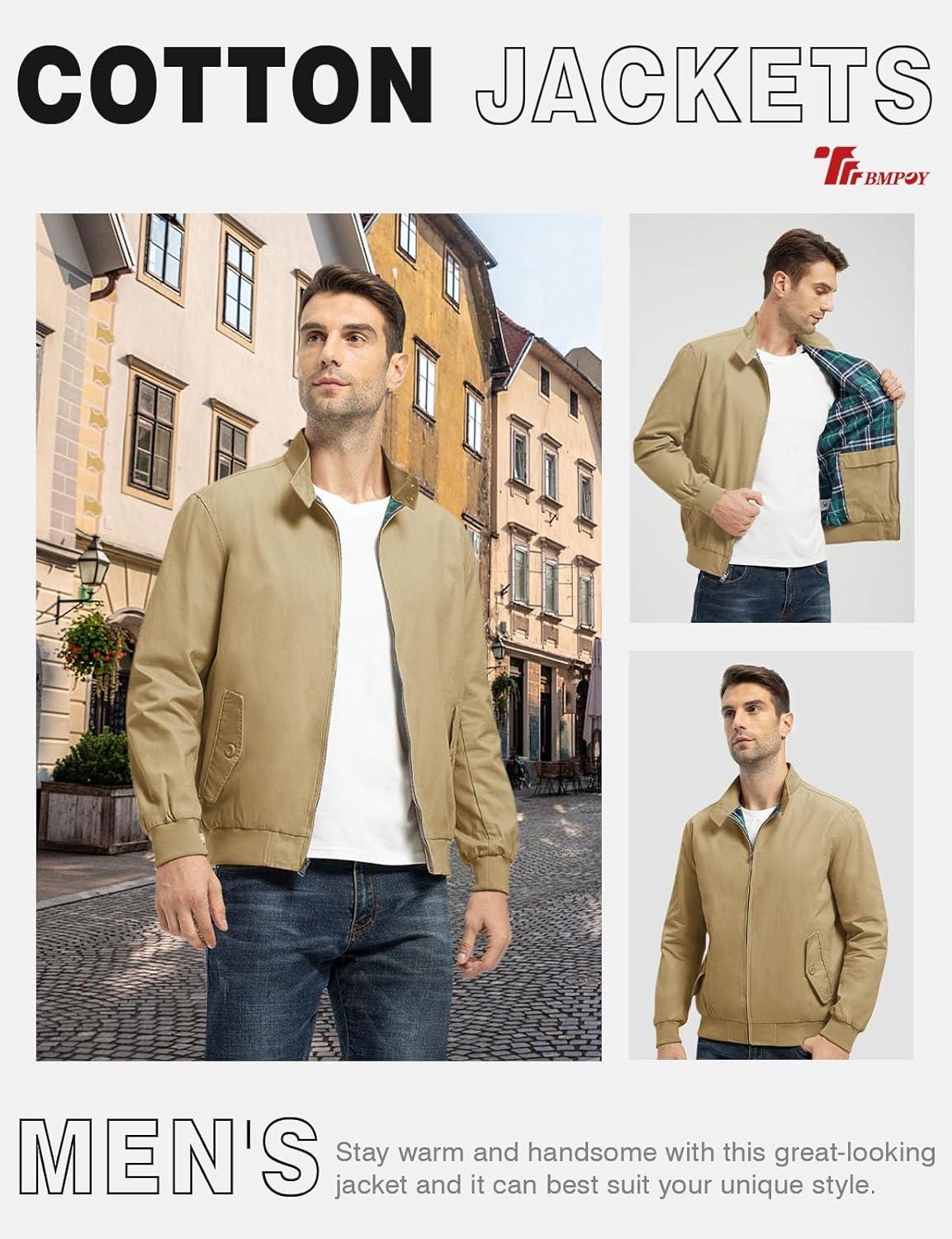 imageTBMPOY Mens Lightweight Cotton Jackets Golf Full Zip Windbreaker Spring Fall Stylish Casual Jackets Work bomberDark Khaki