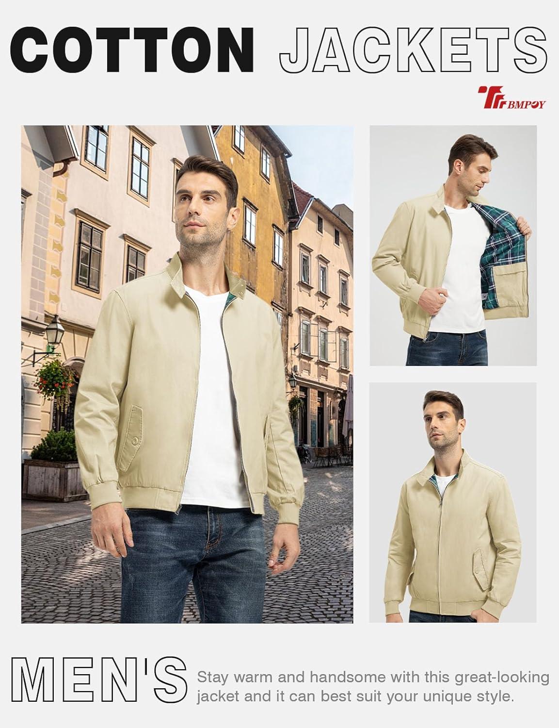 imageTBMPOY Mens Lightweight Cotton Jackets Golf Full Zip Windbreaker Spring Fall Stylish Casual Jackets Work bomberLight Khaki