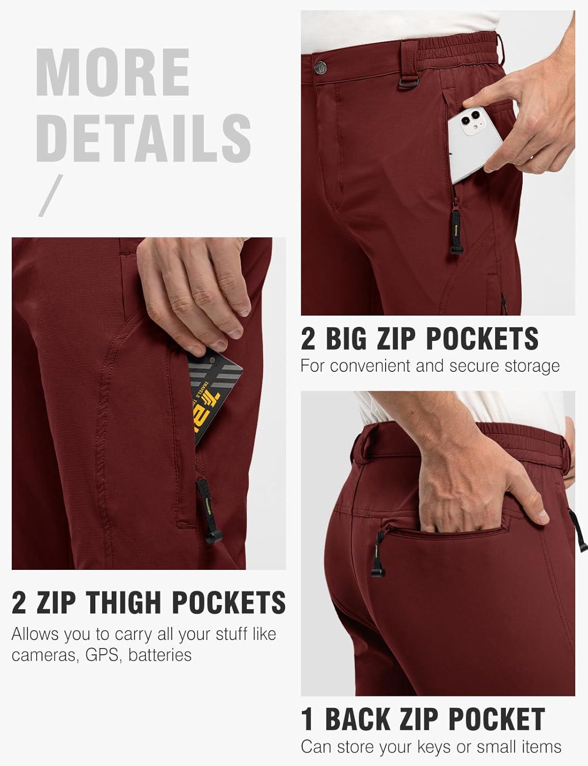 imageTBMPOY Mens Lightweight Hiking Pants with Belt 5 Zip Pockets Waterproof QuickDry Travel Fishing Work Outdoor PantsA10thin Wine Red