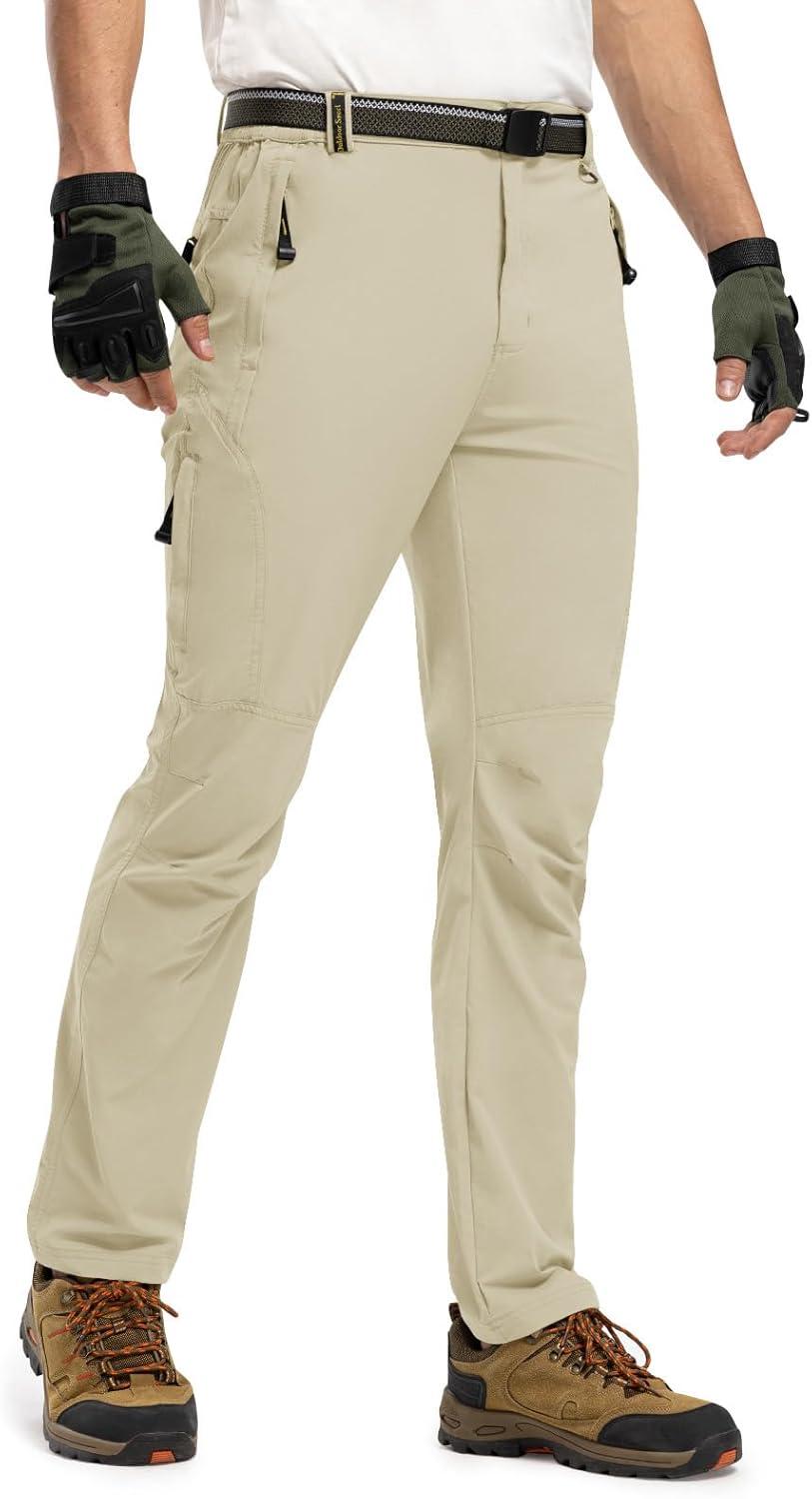 imageTBMPOY Mens Lightweight Hiking Pants with Belt 5 Zip Pockets Waterproof QuickDry Travel Fishing Work Outdoor PantsA11thin Creamy White
