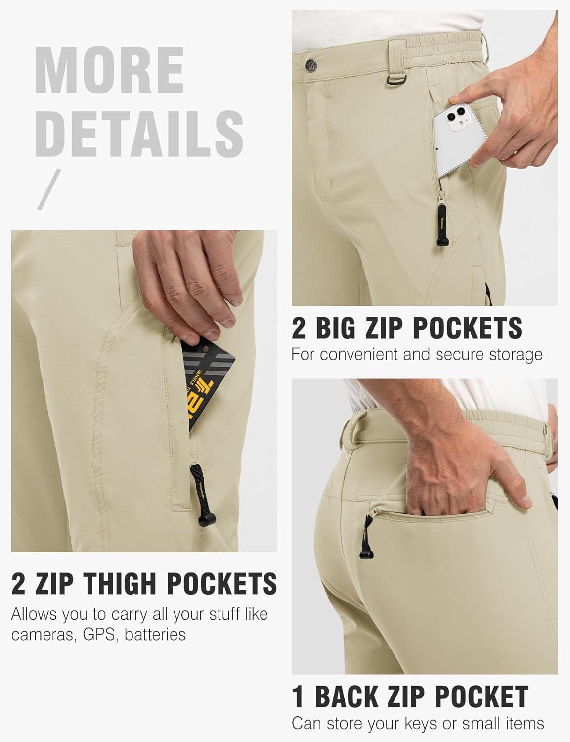 imageTBMPOY Mens Lightweight Hiking Pants with Belt 5 Zip Pockets Waterproof QuickDry Travel Fishing Work Outdoor PantsA11thin Creamy White