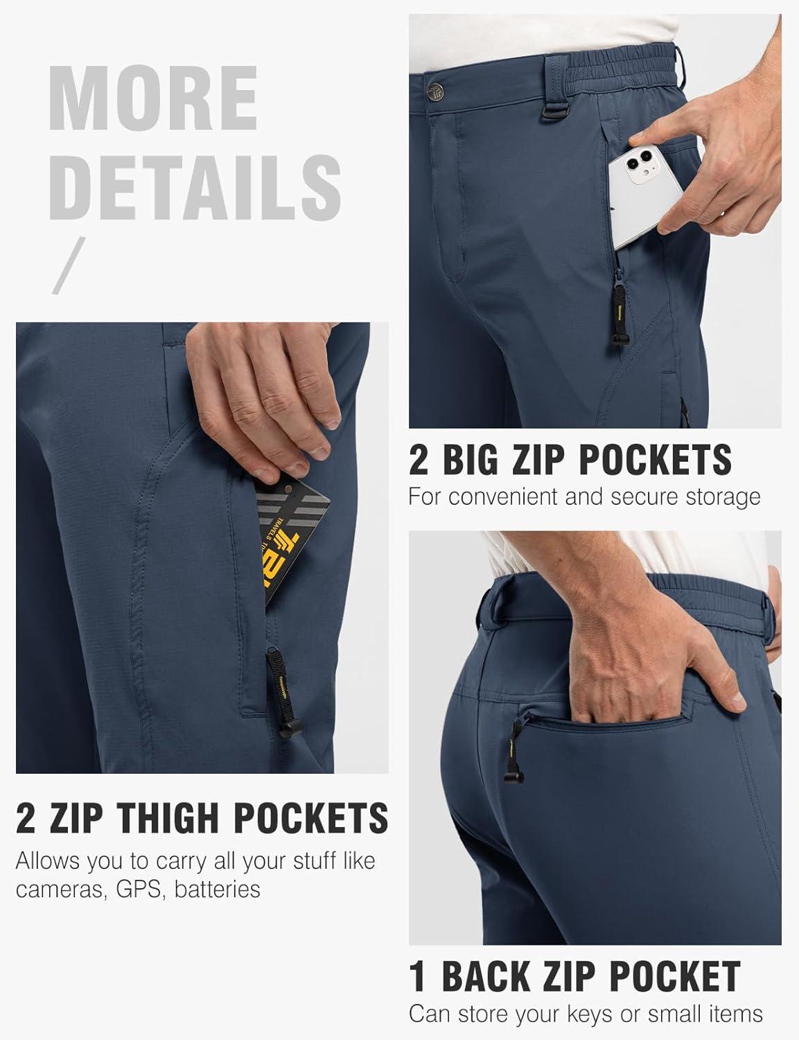 imageTBMPOY Mens Lightweight Hiking Pants with Belt 5 Zip Pockets Waterproof QuickDry Travel Fishing Work Outdoor PantsA12thin Denim Blue