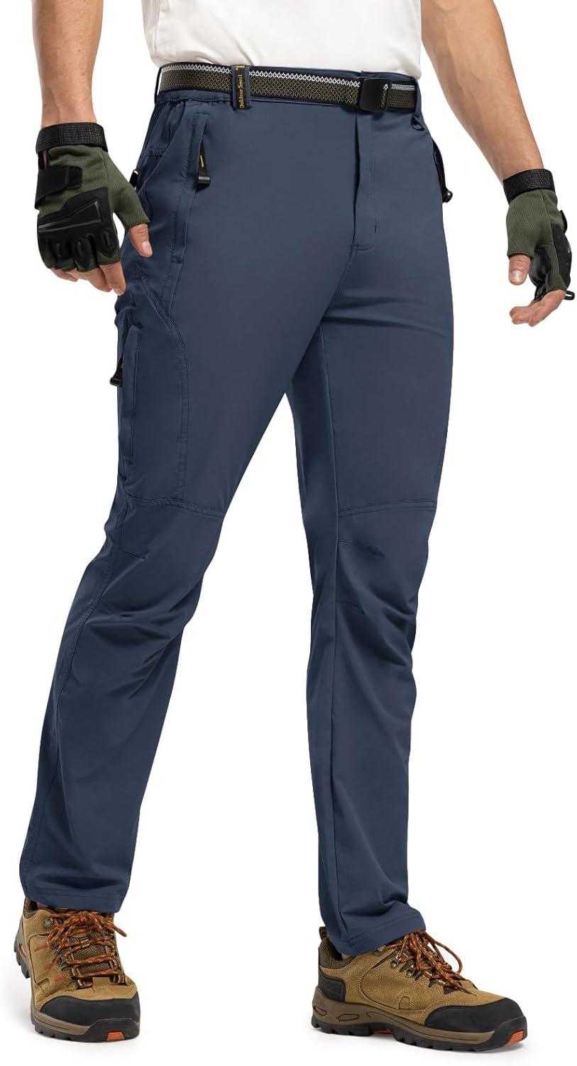 imageTBMPOY Mens Lightweight Hiking Pants with Belt 5 Zip Pockets Waterproof QuickDry Travel Fishing Work Outdoor PantsA12thin Denim Blue