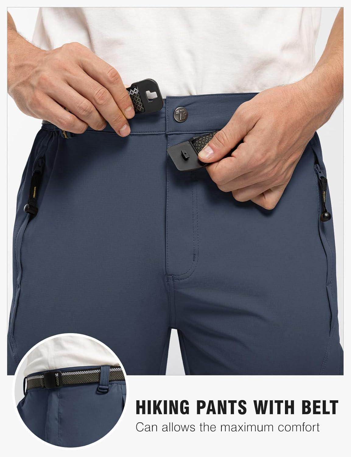 imageTBMPOY Mens Lightweight Hiking Pants with Belt 5 Zip Pockets Waterproof QuickDry Travel Fishing Work Outdoor PantsA12thin Denim Blue