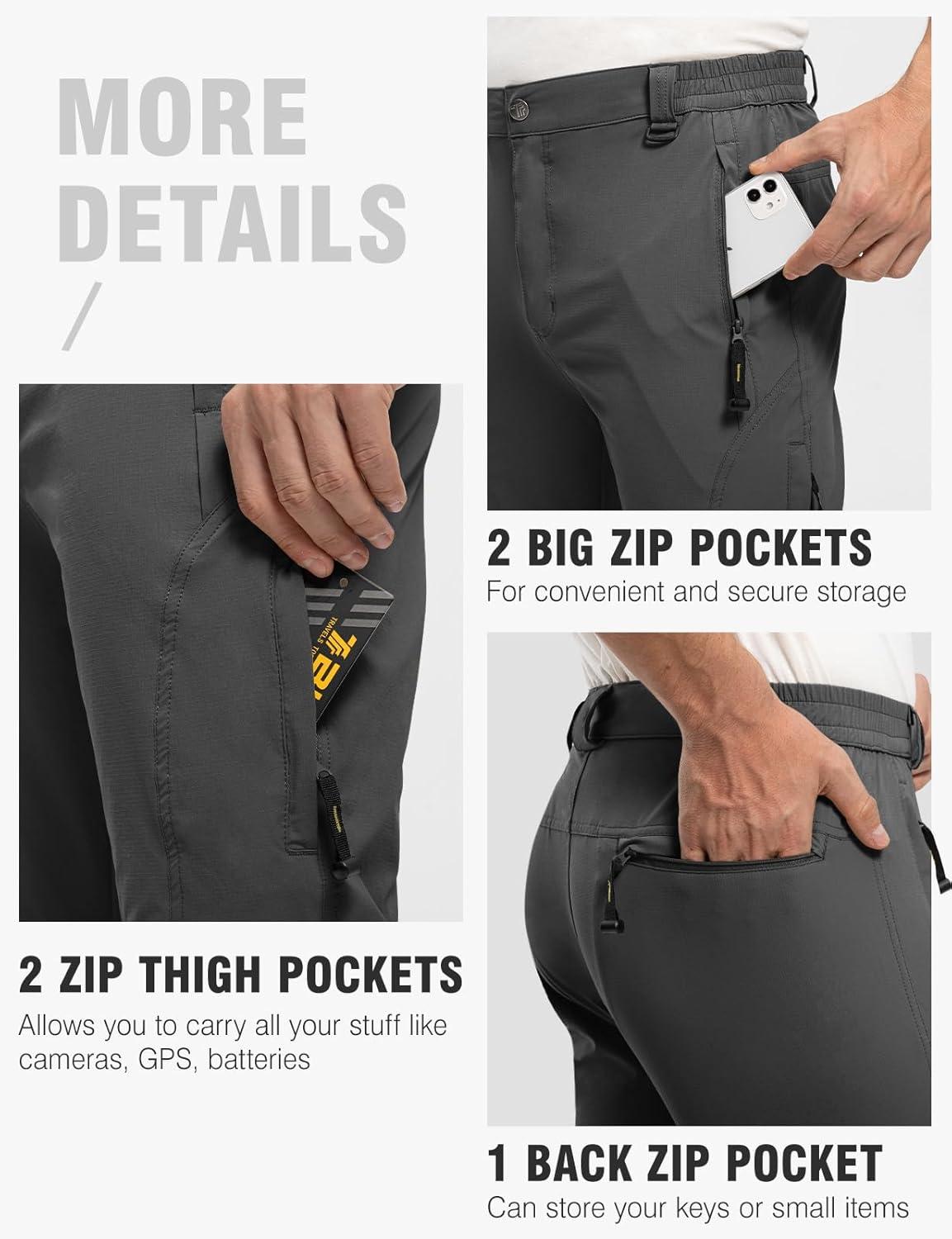 imageTBMPOY Mens Lightweight Hiking Pants with Belt 5 Zip Pockets Waterproof QuickDry Travel Fishing Work Outdoor PantsA1thin Dark Grey