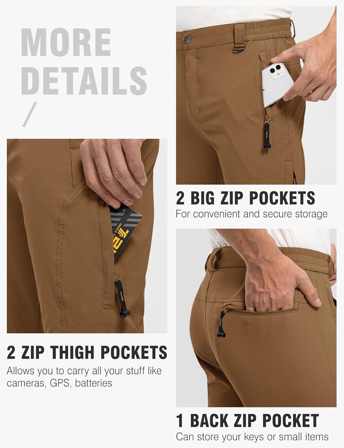 imageTBMPOY Mens Lightweight Hiking Pants with Belt 5 Zip Pockets Waterproof QuickDry Travel Fishing Work Outdoor PantsA21light Brown