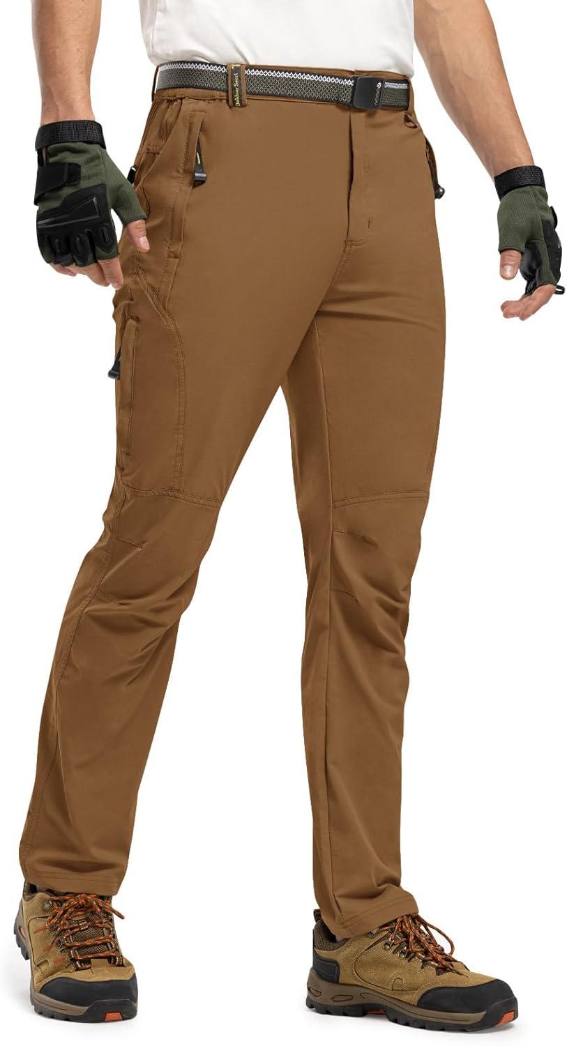 imageTBMPOY Mens Lightweight Hiking Pants with Belt 5 Zip Pockets Waterproof QuickDry Travel Fishing Work Outdoor PantsA21light Brown
