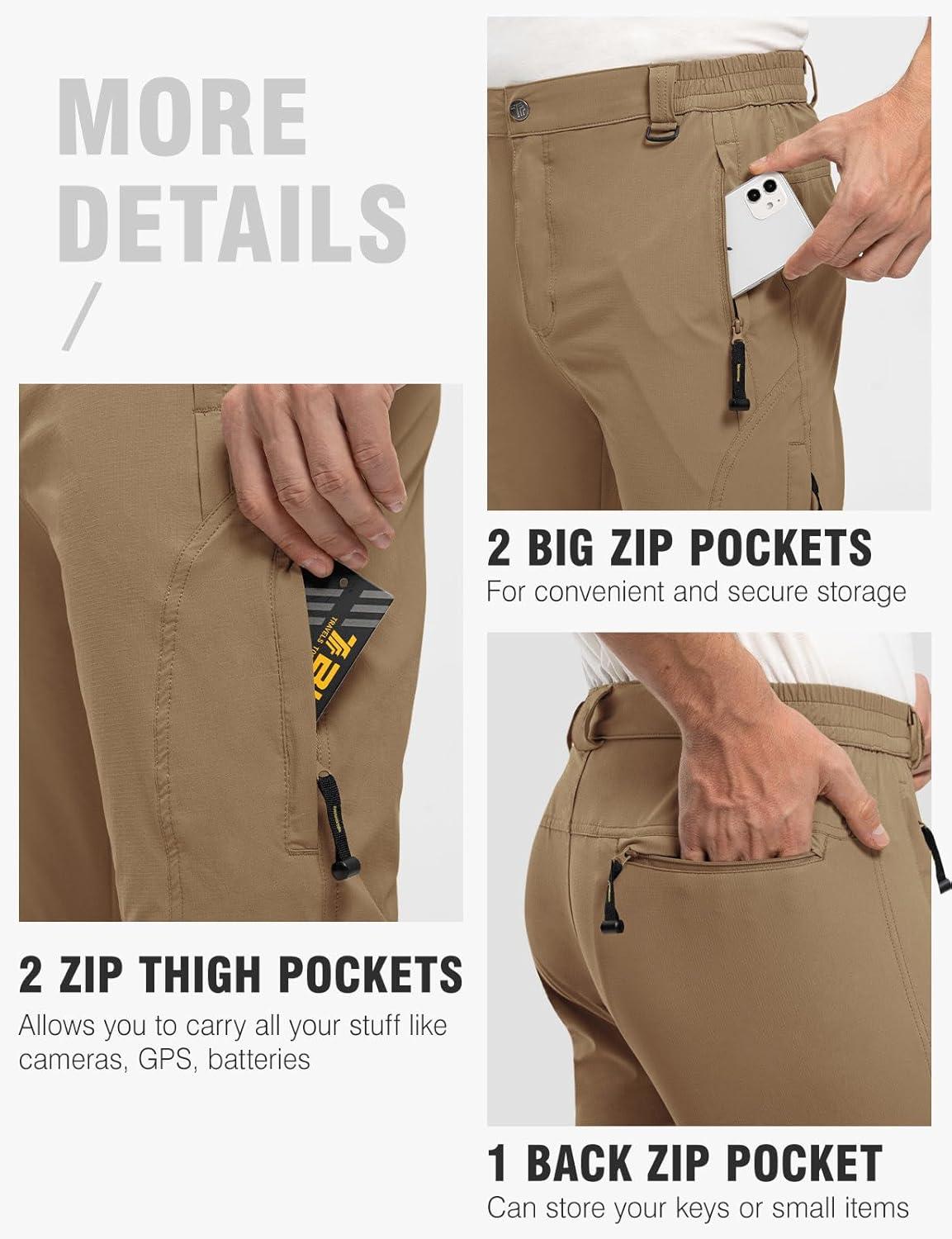 imageTBMPOY Mens Lightweight Hiking Pants with Belt 5 Zip Pockets Waterproof QuickDry Travel Fishing Work Outdoor PantsA22light Brown