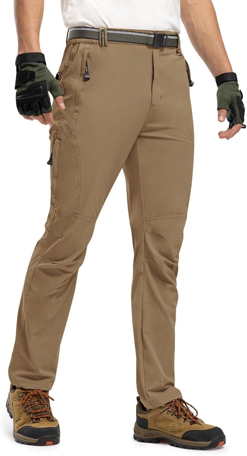 imageTBMPOY Mens Lightweight Hiking Pants with Belt 5 Zip Pockets Waterproof QuickDry Travel Fishing Work Outdoor PantsA22light Brown