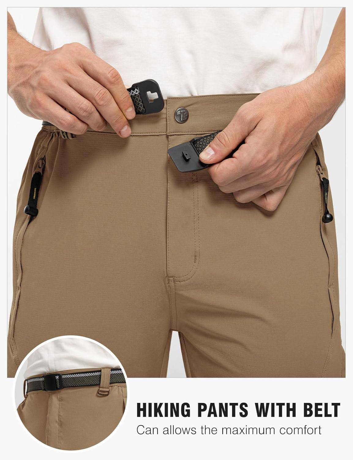 imageTBMPOY Mens Lightweight Hiking Pants with Belt 5 Zip Pockets Waterproof QuickDry Travel Fishing Work Outdoor PantsA22light Brown