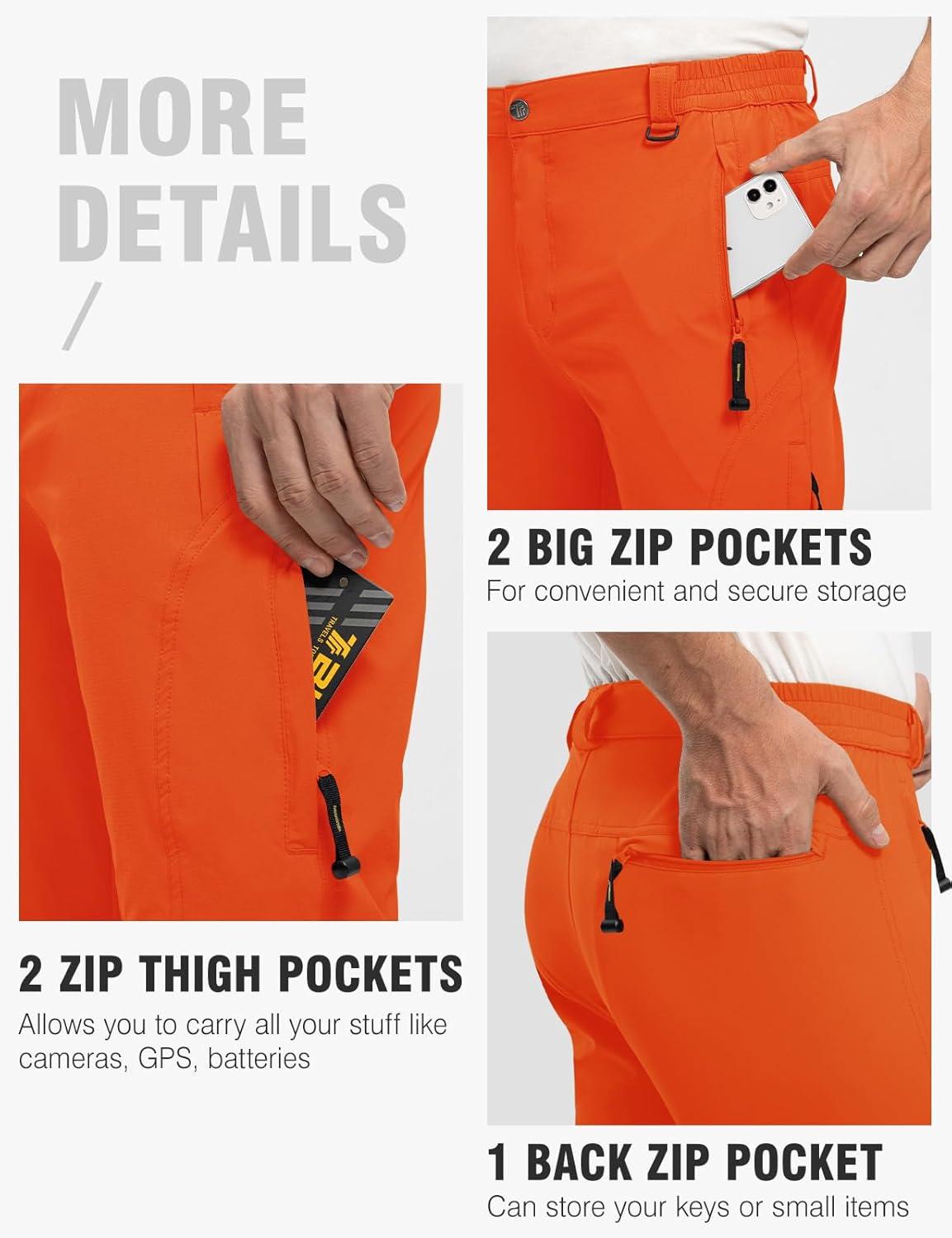 imageTBMPOY Mens Lightweight Hiking Pants with Belt 5 Zip Pockets Waterproof QuickDry Travel Fishing Work Outdoor PantsA26tangerine