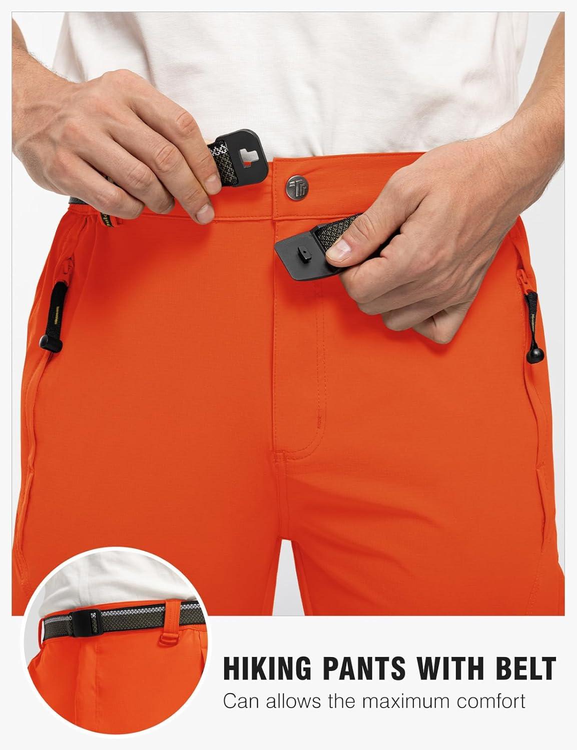 imageTBMPOY Mens Lightweight Hiking Pants with Belt 5 Zip Pockets Waterproof QuickDry Travel Fishing Work Outdoor PantsA26tangerine