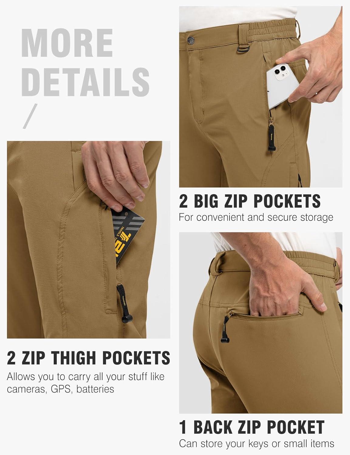 imageTBMPOY Mens Lightweight Hiking Pants with Belt 5 Zip Pockets Waterproof QuickDry Travel Fishing Work Outdoor PantsA27thin Light Coffee