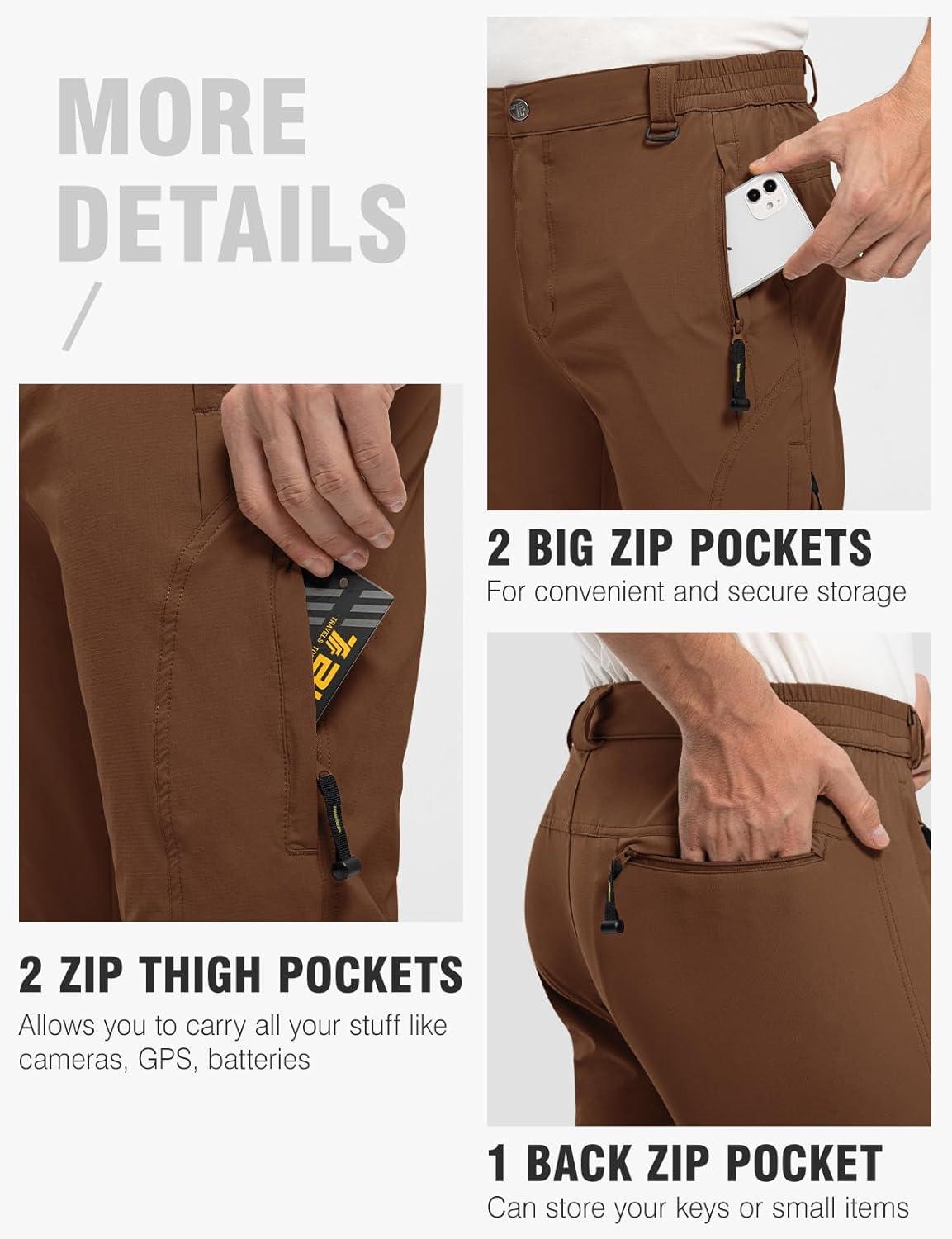 imageTBMPOY Mens Lightweight Hiking Pants with Belt 5 Zip Pockets Waterproof QuickDry Travel Fishing Work Outdoor PantsA28thin Dark Brown
