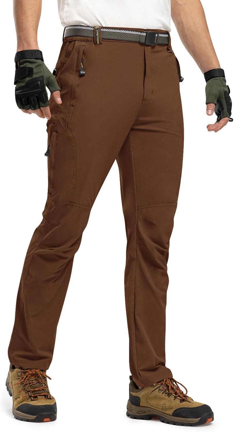 imageTBMPOY Mens Lightweight Hiking Pants with Belt 5 Zip Pockets Waterproof QuickDry Travel Fishing Work Outdoor PantsA28thin Dark Brown