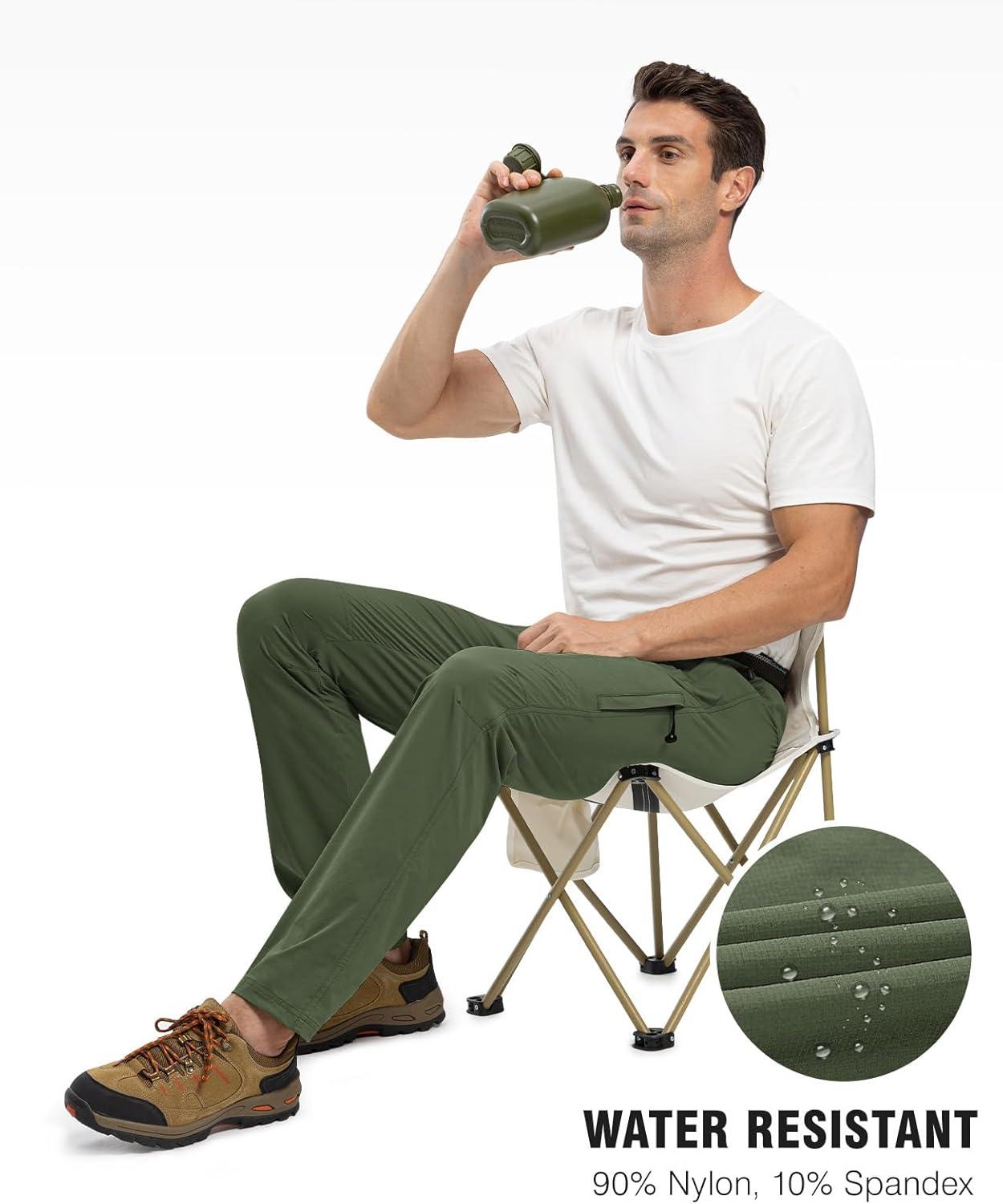 imageTBMPOY Mens Lightweight Hiking Pants with Belt 5 Zip Pockets Waterproof QuickDry Travel Fishing Work Outdoor PantsA29thin Blackish Green