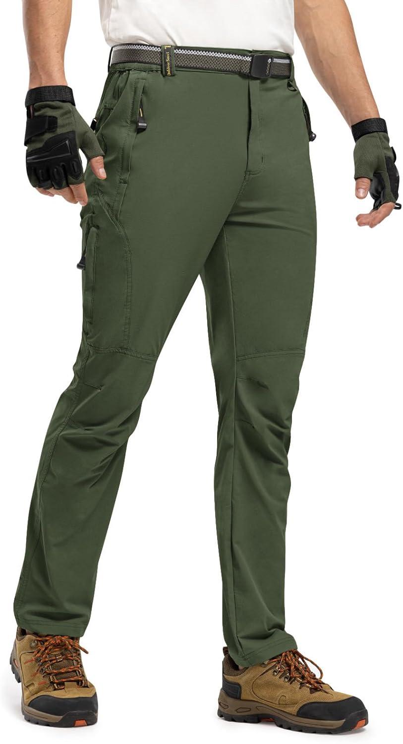imageTBMPOY Mens Lightweight Hiking Pants with Belt 5 Zip Pockets Waterproof QuickDry Travel Fishing Work Outdoor PantsA29thin Blackish Green