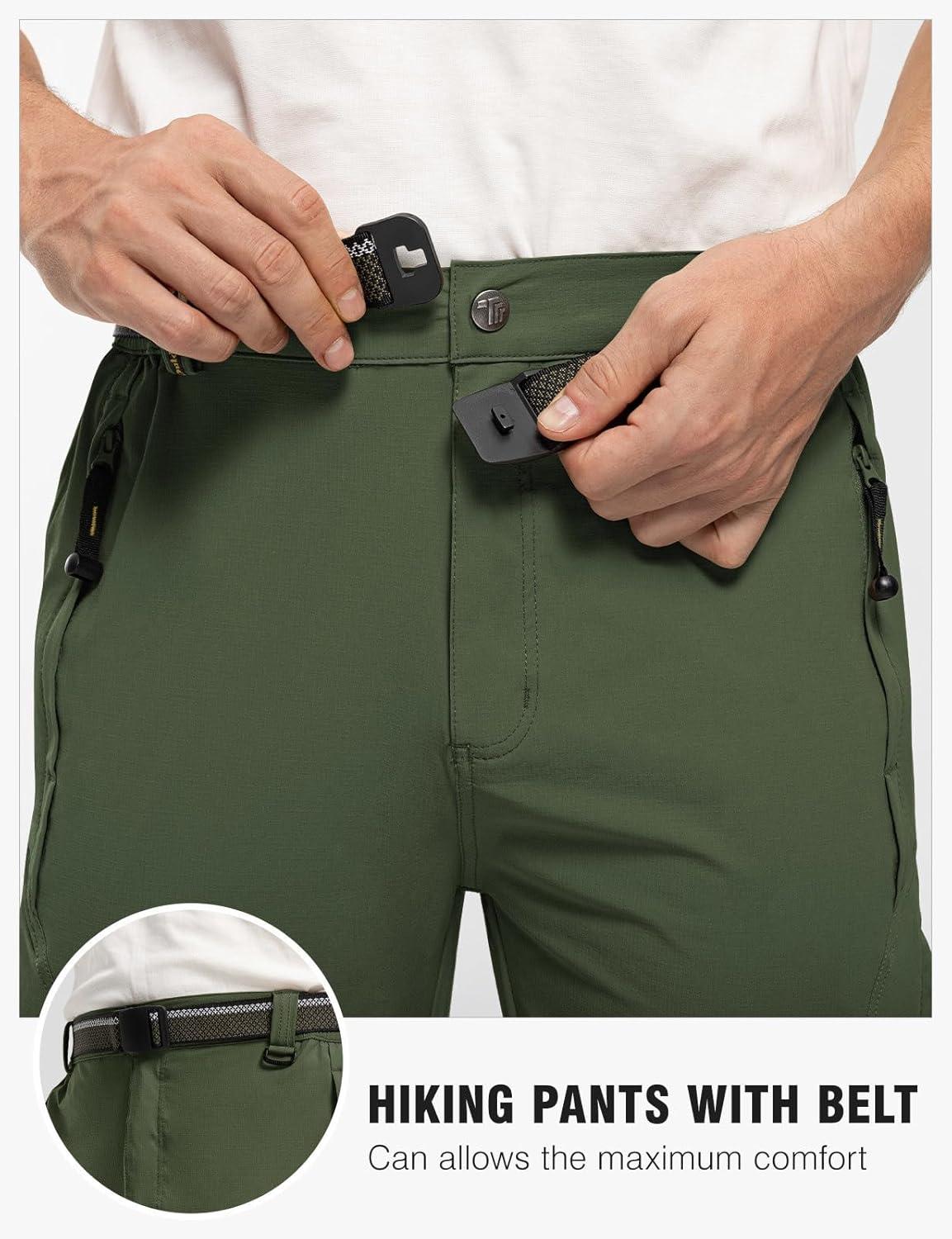 imageTBMPOY Mens Lightweight Hiking Pants with Belt 5 Zip Pockets Waterproof QuickDry Travel Fishing Work Outdoor PantsA29thin Blackish Green