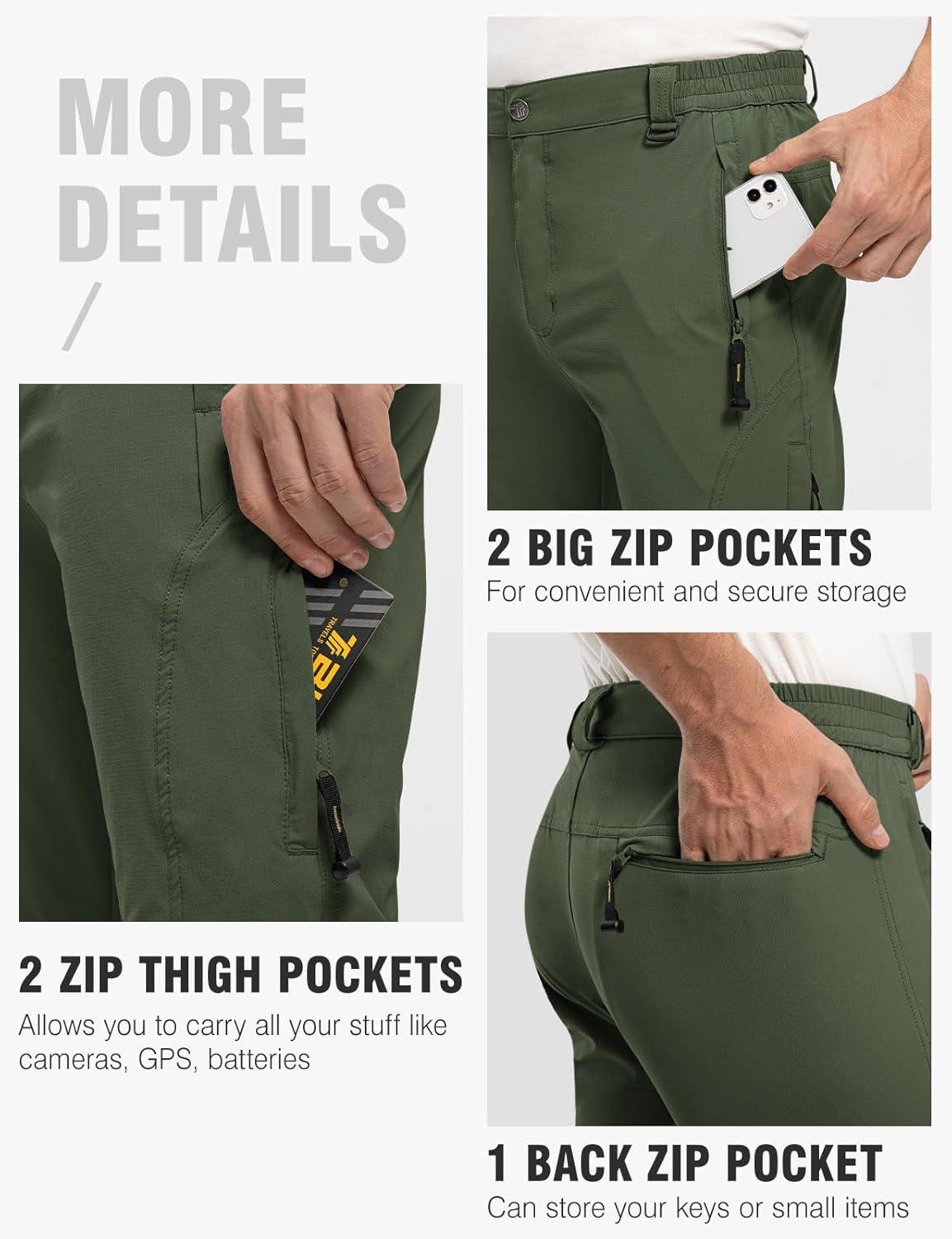imageTBMPOY Mens Lightweight Hiking Pants with Belt 5 Zip Pockets Waterproof QuickDry Travel Fishing Work Outdoor PantsA29thin Blackish Green