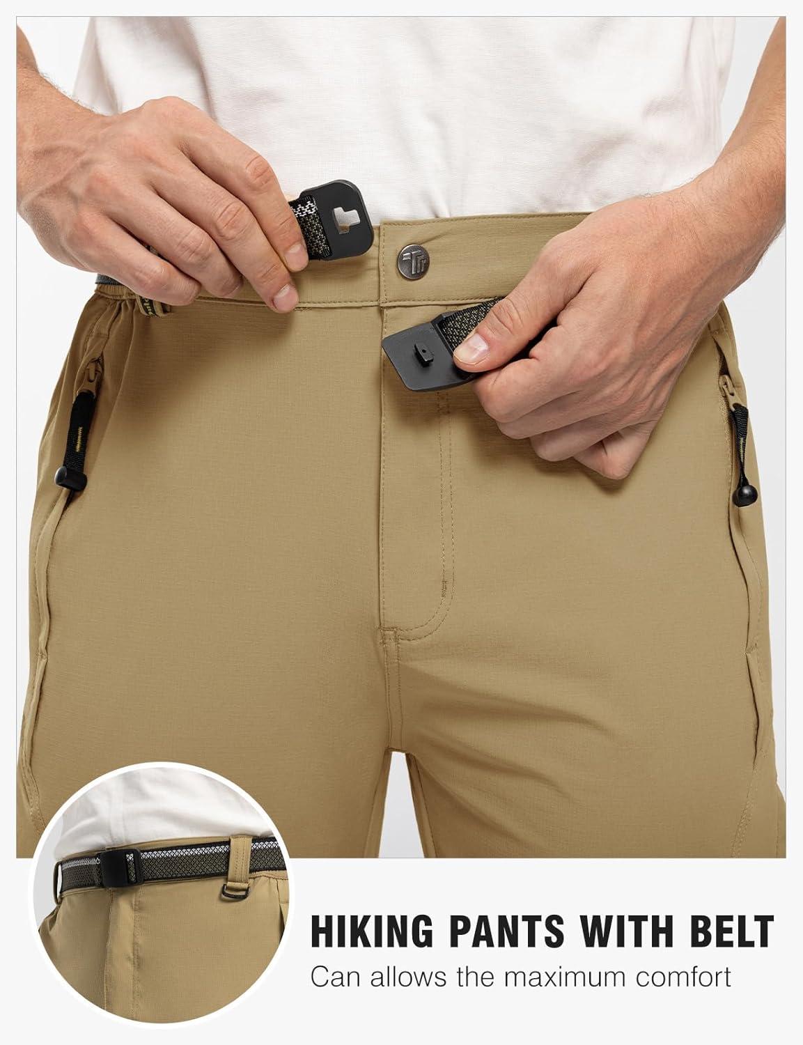 imageTBMPOY Mens Lightweight Hiking Pants with Belt 5 Zip Pockets Waterproof QuickDry Travel Fishing Work Outdoor PantsA2thin Khaki