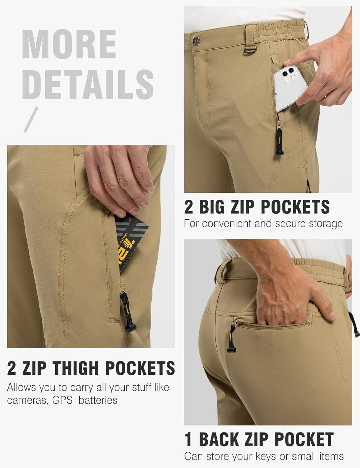 imageTBMPOY Mens Lightweight Hiking Pants with Belt 5 Zip Pockets Waterproof QuickDry Travel Fishing Work Outdoor PantsA2thin Khaki