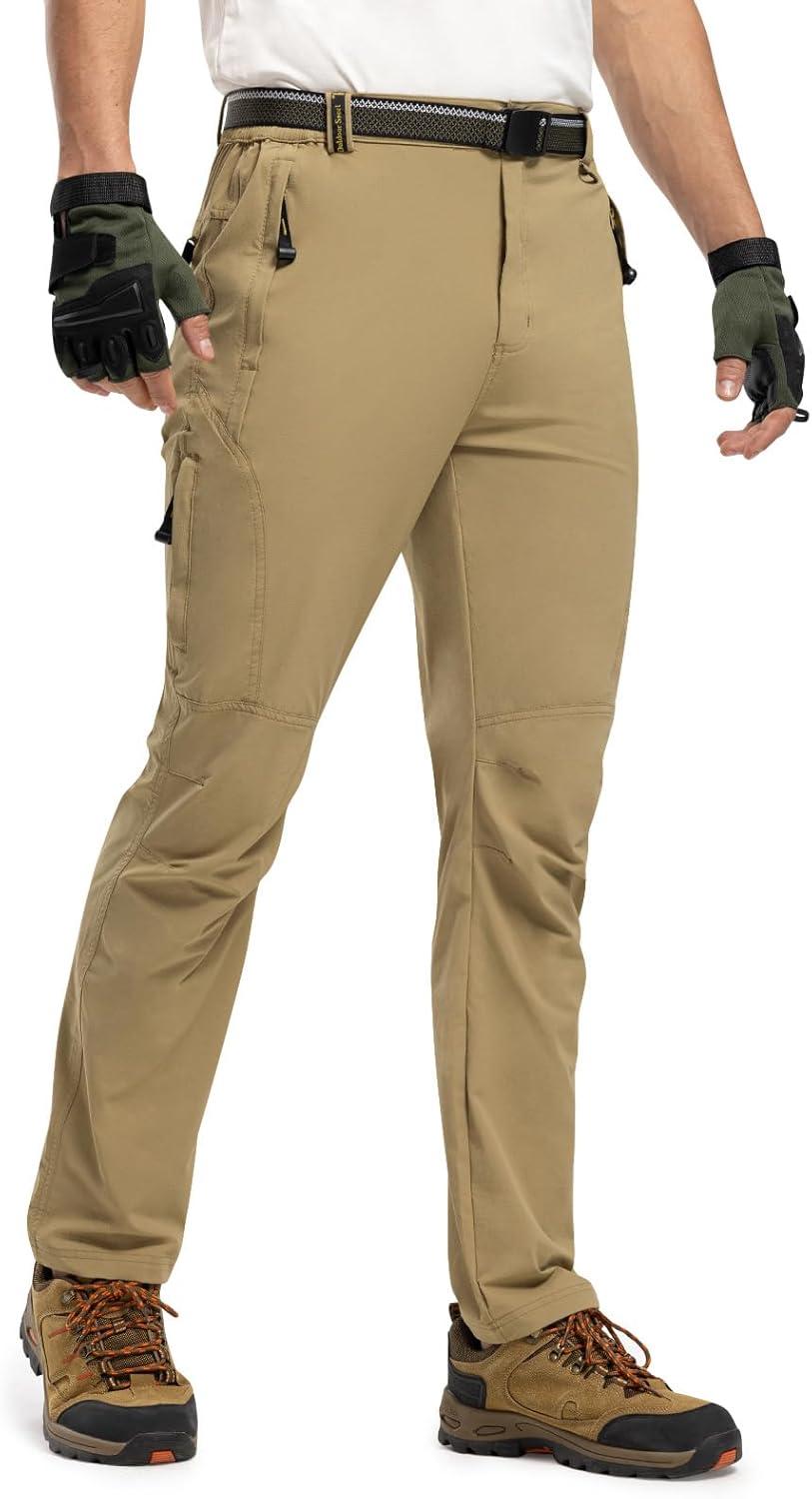imageTBMPOY Mens Lightweight Hiking Pants with Belt 5 Zip Pockets Waterproof QuickDry Travel Fishing Work Outdoor PantsA2thin Khaki