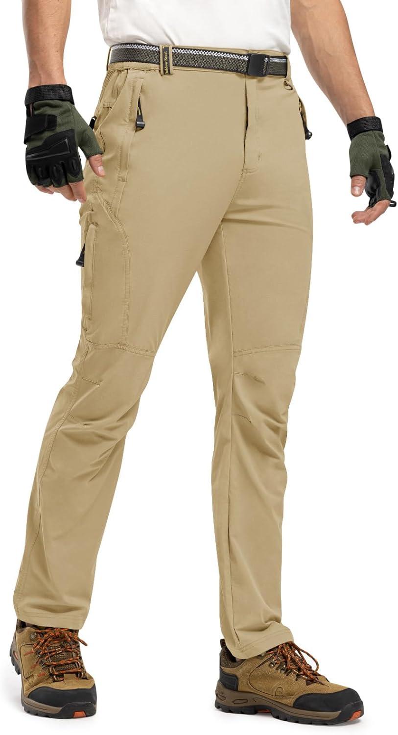 imageTBMPOY Mens Lightweight Hiking Pants with Belt 5 Zip Pockets Waterproof QuickDry Travel Fishing Work Outdoor PantsA30thin Beige Brown