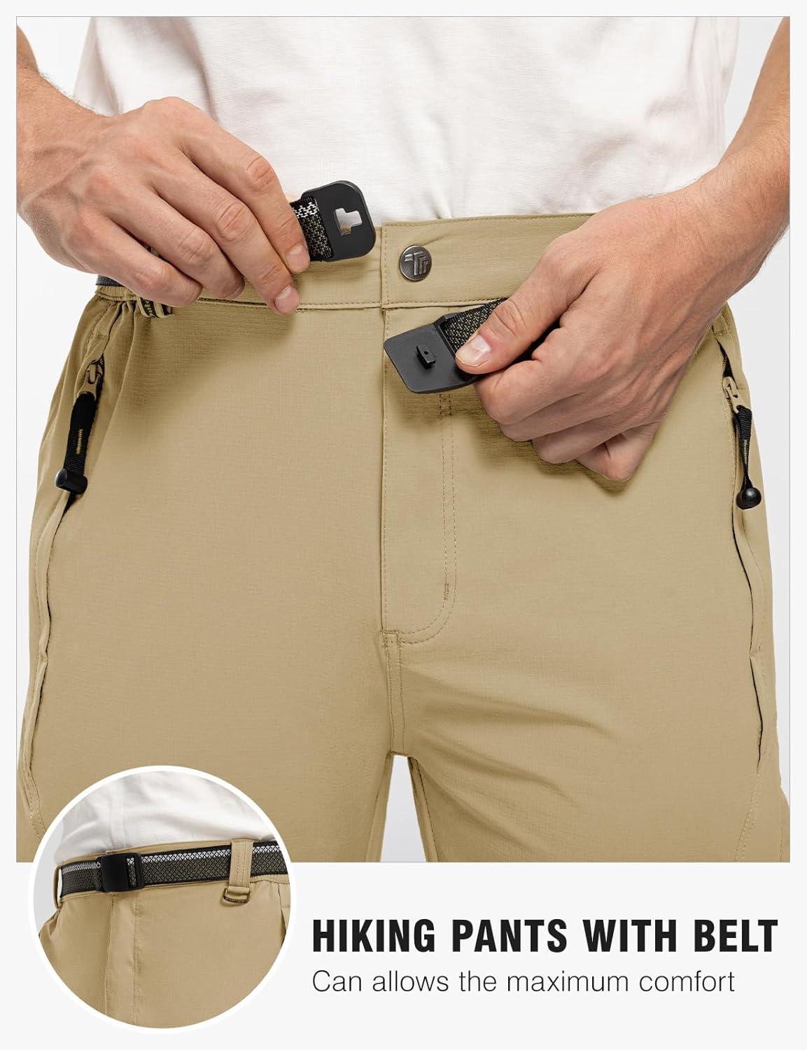 imageTBMPOY Mens Lightweight Hiking Pants with Belt 5 Zip Pockets Waterproof QuickDry Travel Fishing Work Outdoor PantsA30thin Beige Brown