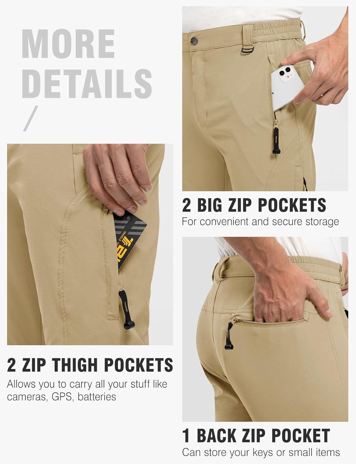 imageTBMPOY Mens Lightweight Hiking Pants with Belt 5 Zip Pockets Waterproof QuickDry Travel Fishing Work Outdoor PantsA30thin Beige Brown