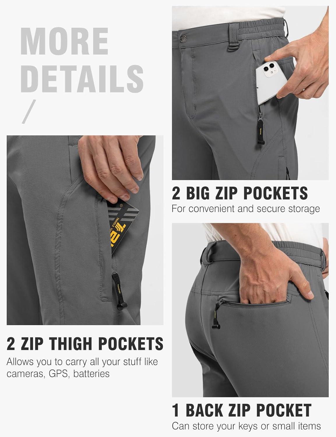 imageTBMPOY Mens Lightweight Hiking Pants with Belt 5 Zip Pockets Waterproof QuickDry Travel Fishing Work Outdoor PantsA31thin Charcoal Grey