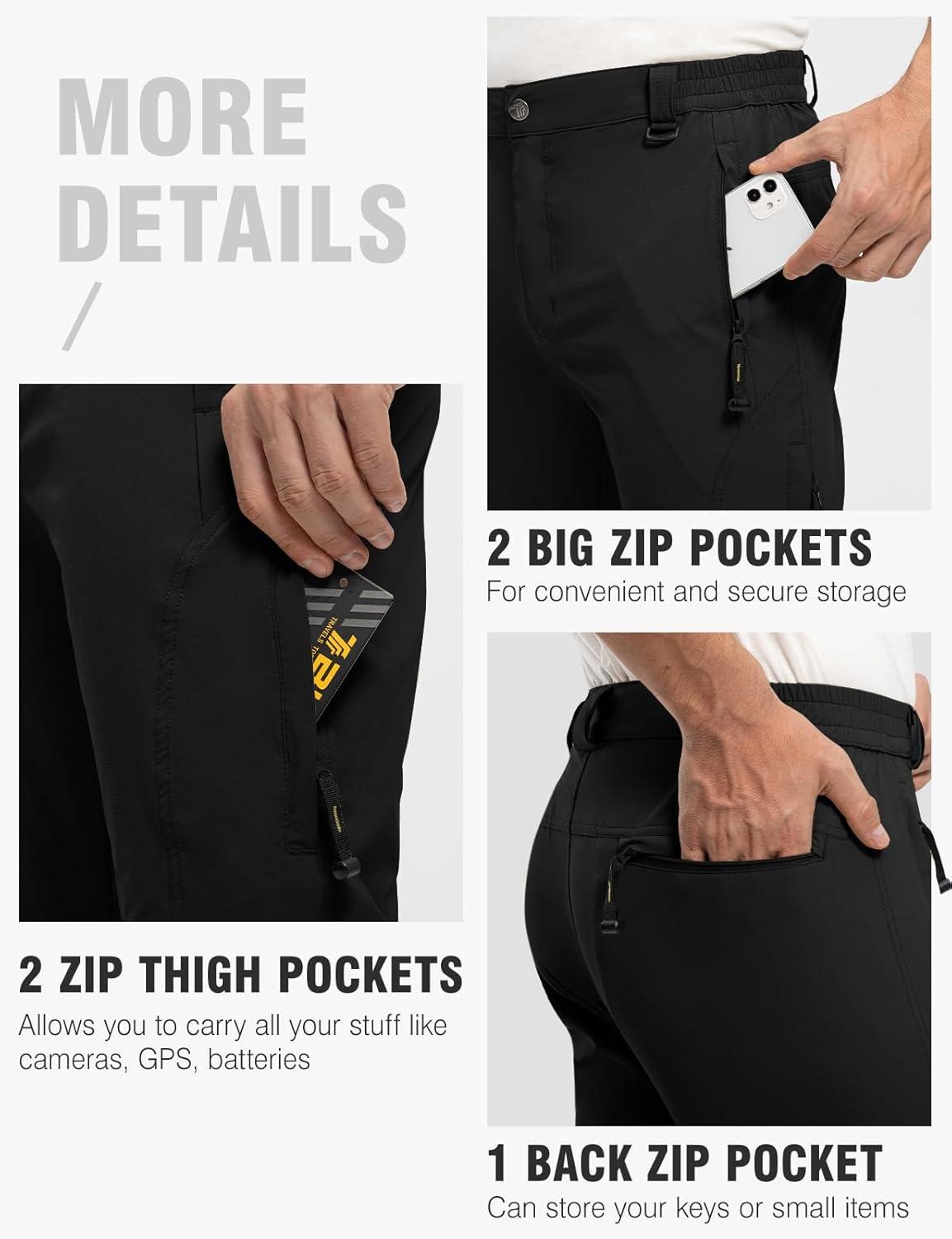 imageTBMPOY Mens Lightweight Hiking Pants with Belt 5 Zip Pockets Waterproof QuickDry Travel Fishing Work Outdoor PantsA3thin Black