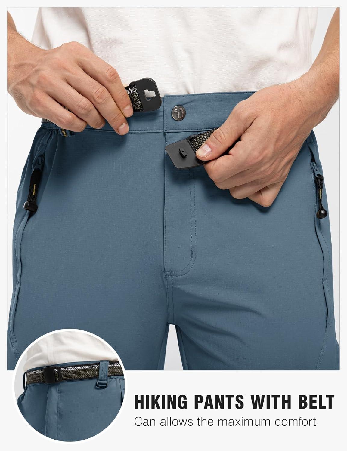 imageTBMPOY Mens Lightweight Hiking Pants with Belt 5 Zip Pockets Waterproof QuickDry Travel Fishing Work Outdoor PantsA4thin Stone Blue