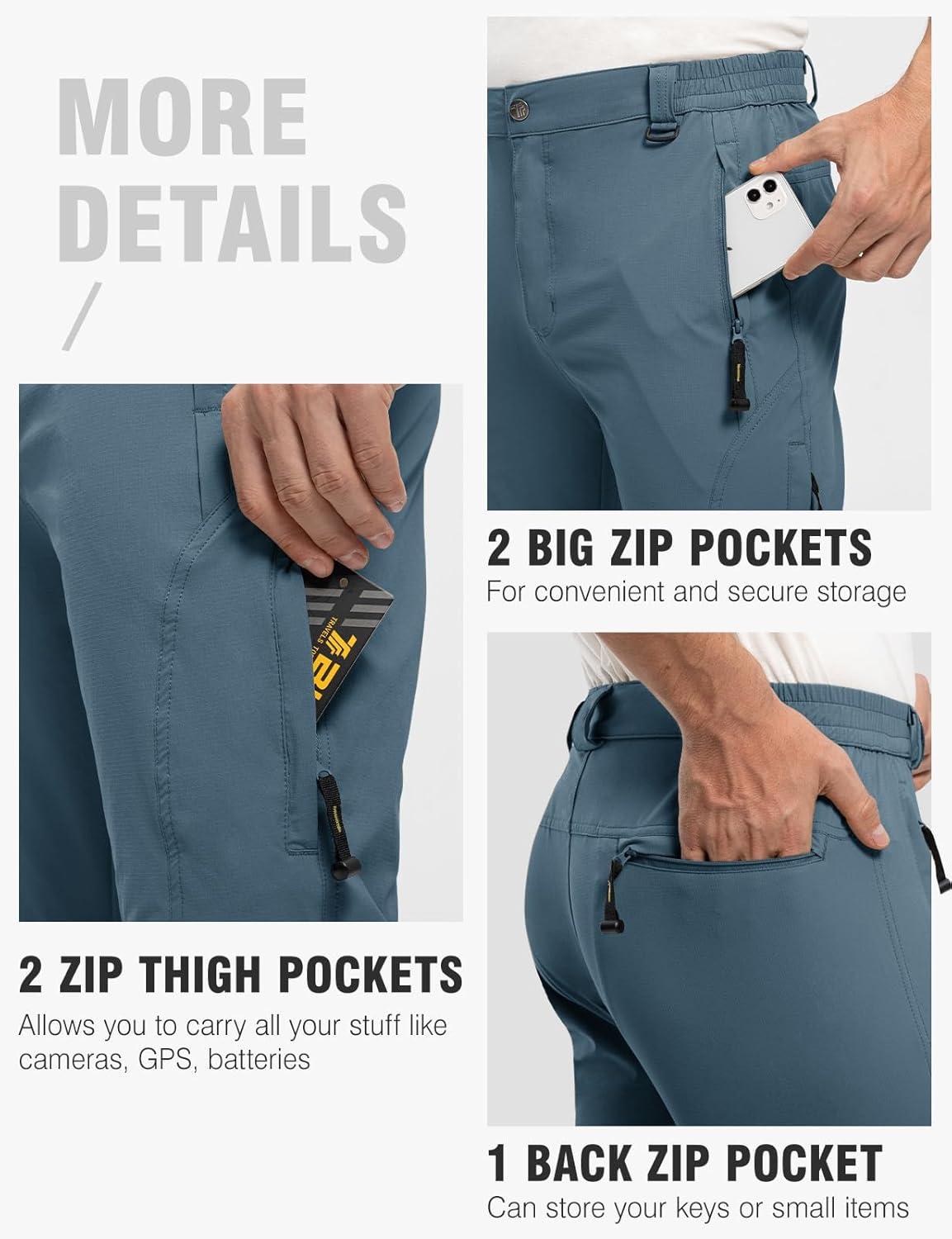 imageTBMPOY Mens Lightweight Hiking Pants with Belt 5 Zip Pockets Waterproof QuickDry Travel Fishing Work Outdoor PantsA4thin Stone Blue