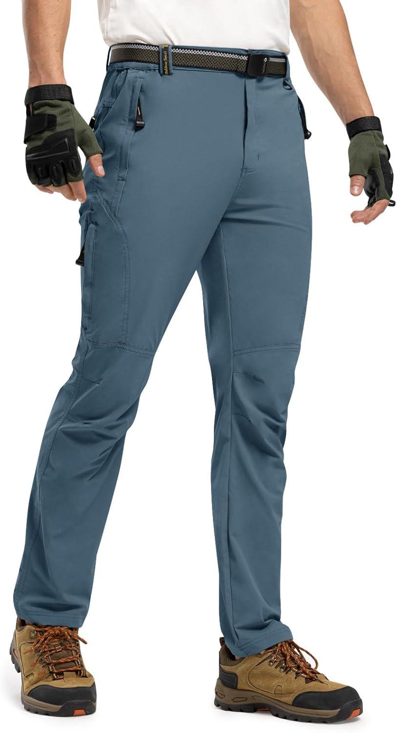 imageTBMPOY Mens Lightweight Hiking Pants with Belt 5 Zip Pockets Waterproof QuickDry Travel Fishing Work Outdoor PantsA4thin Stone Blue