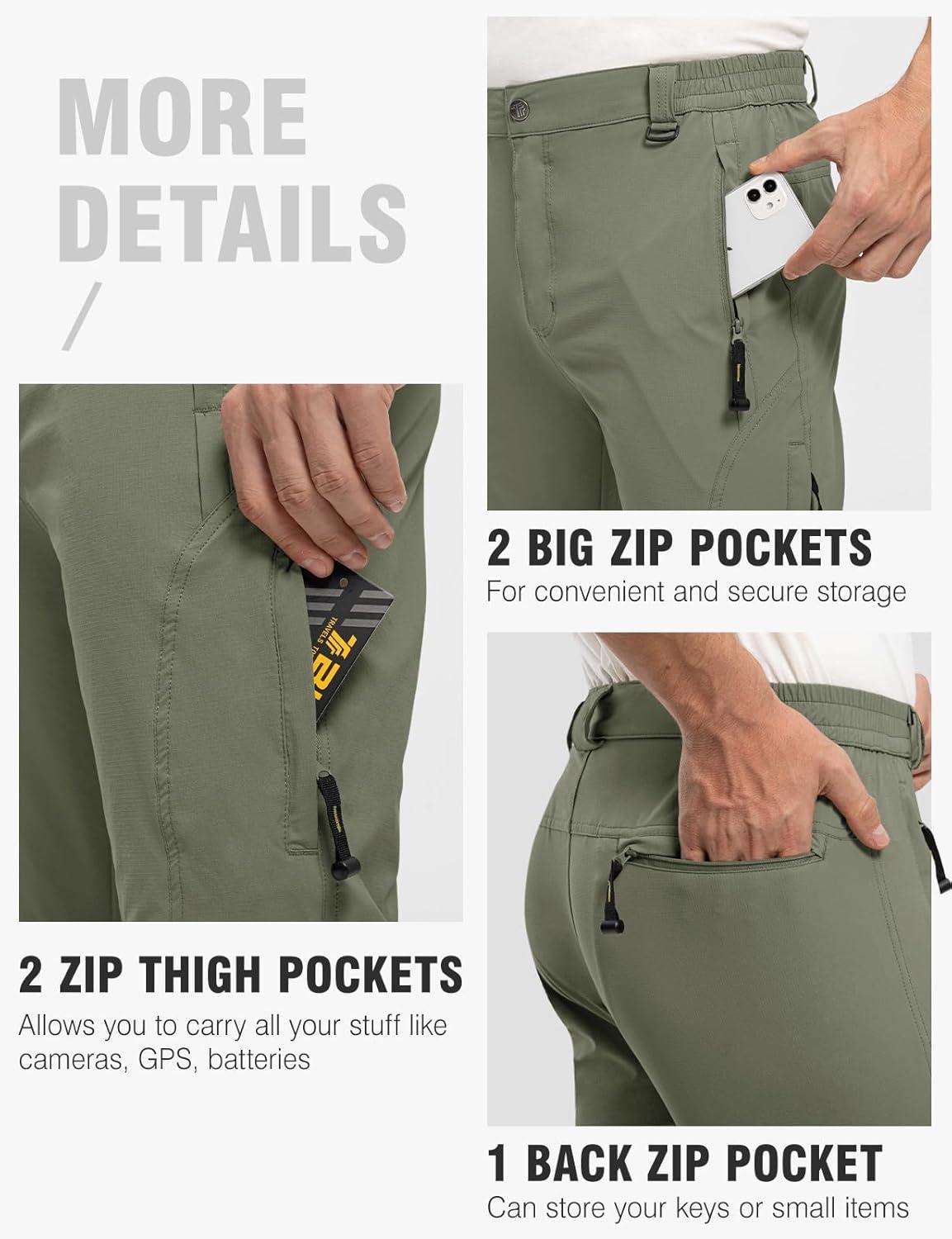 imageTBMPOY Mens Lightweight Hiking Pants with Belt 5 Zip Pockets Waterproof QuickDry Travel Fishing Work Outdoor PantsA5thin Sage Green