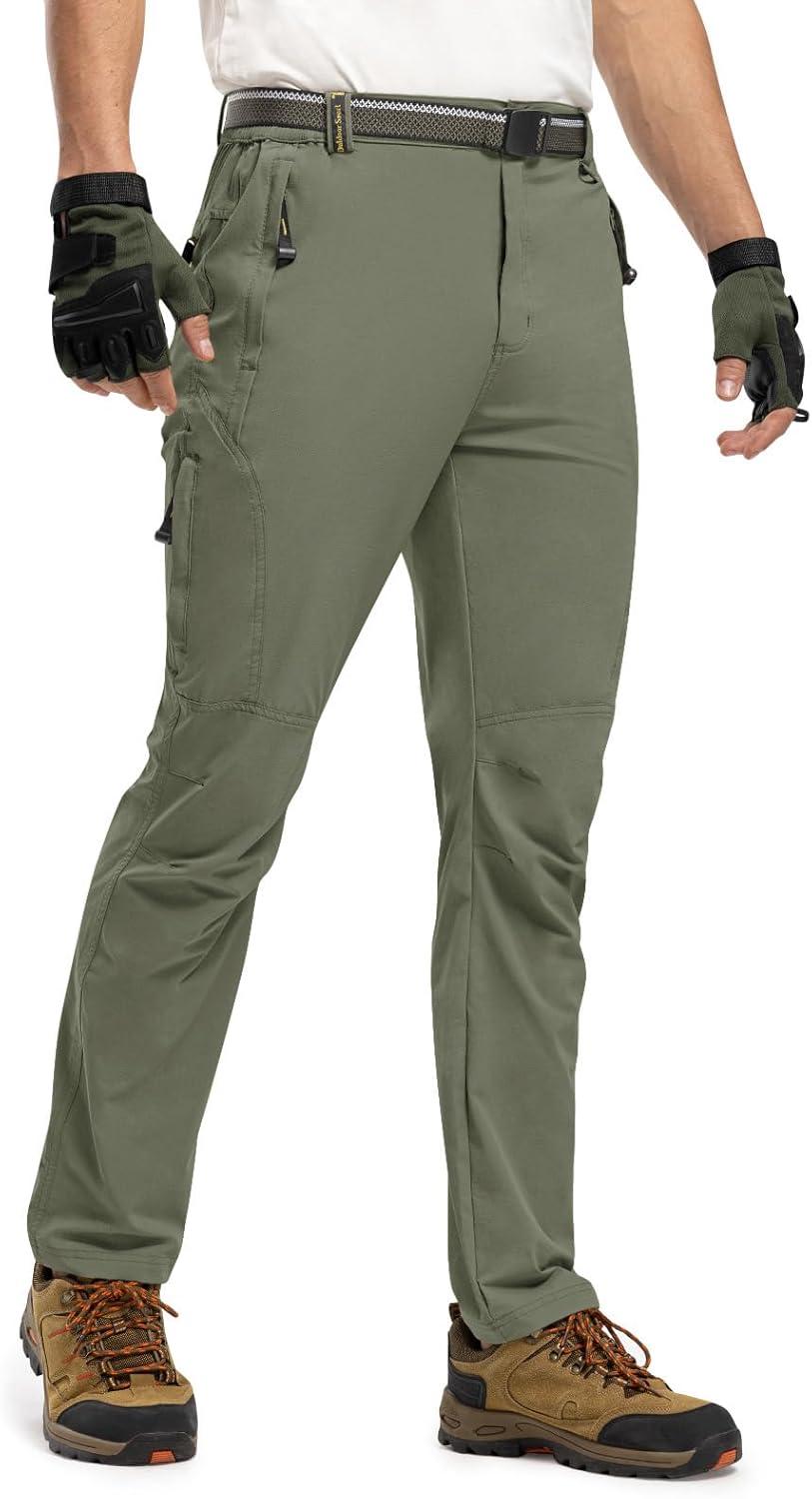 imageTBMPOY Mens Lightweight Hiking Pants with Belt 5 Zip Pockets Waterproof QuickDry Travel Fishing Work Outdoor PantsA5thin Sage Green