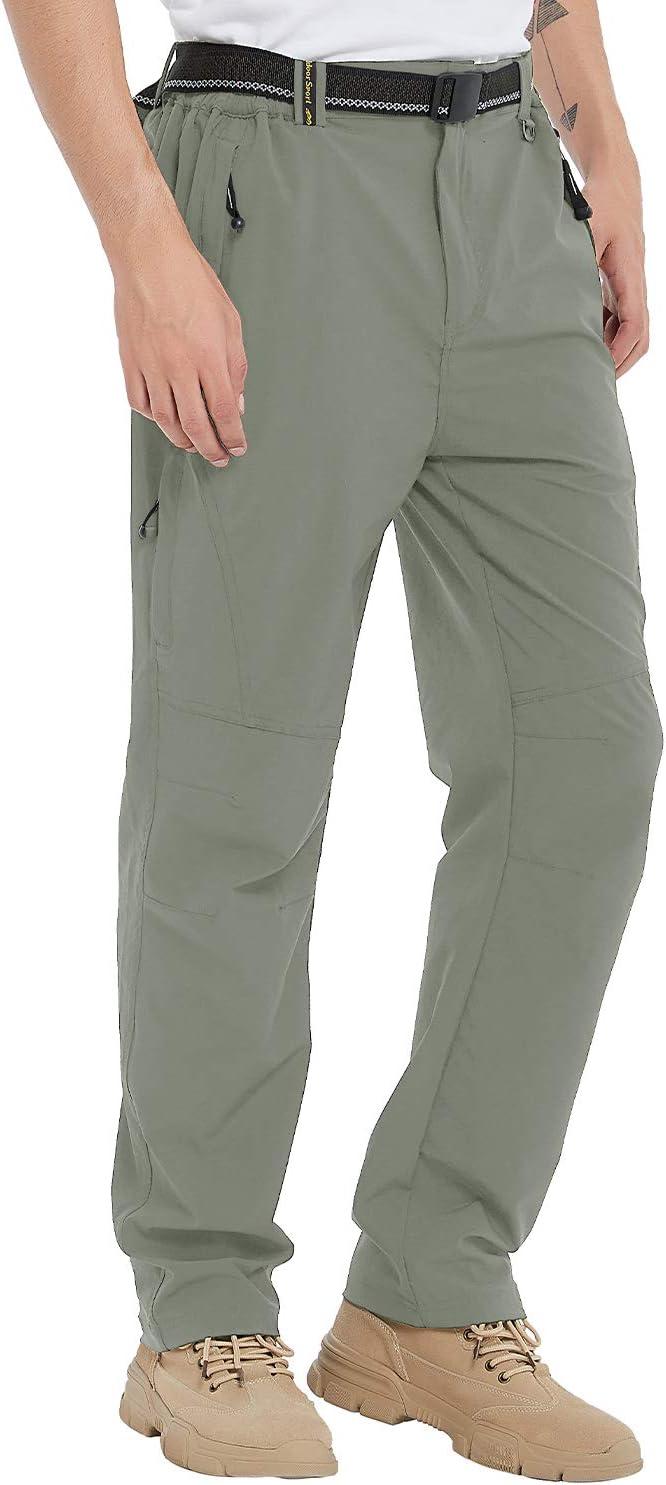 imageTBMPOY Mens Lightweight Hiking Pants with Belt 5 Zip Pockets Waterproof QuickDry Travel Fishing Work Outdoor PantsA5thin Sage Green