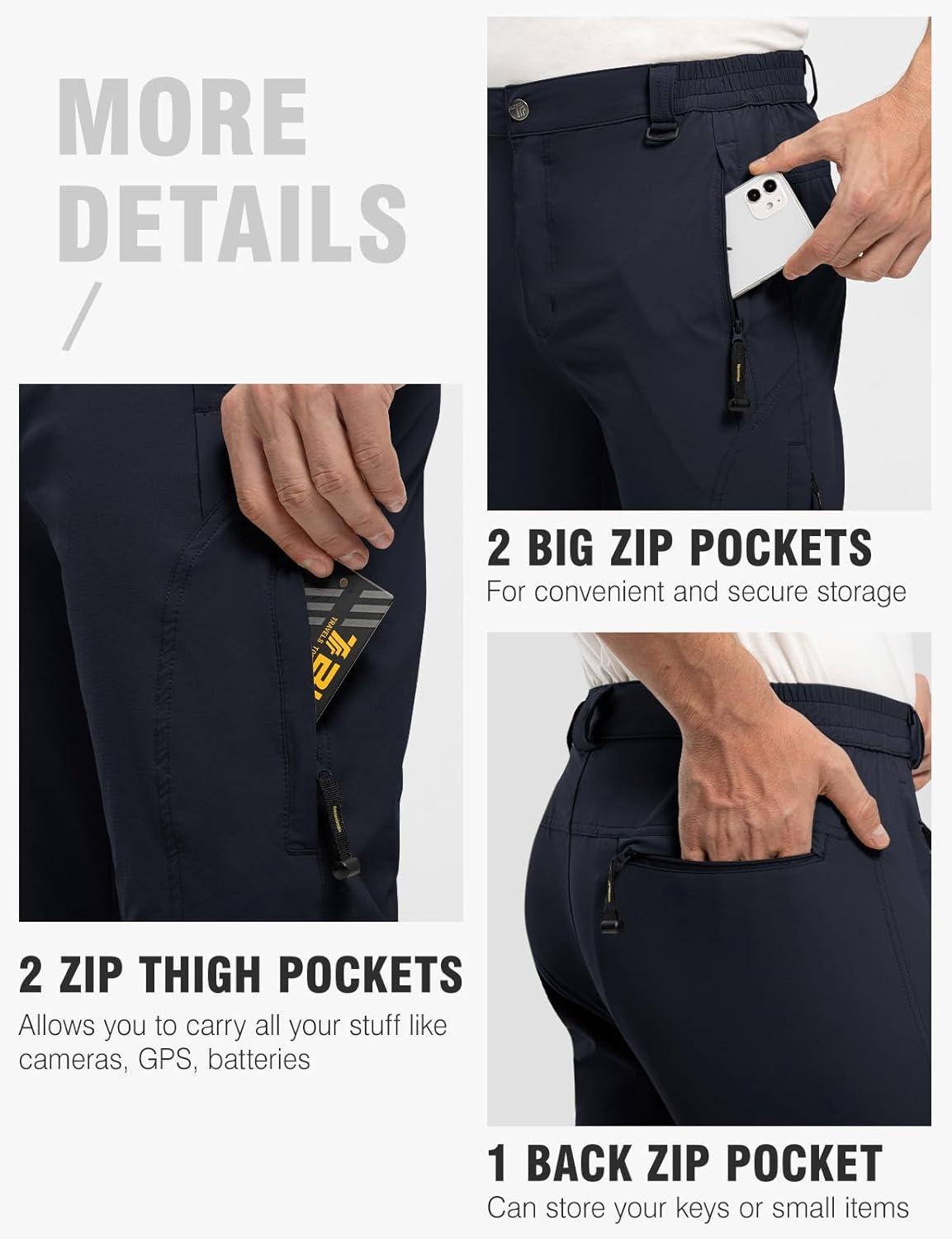 imageTBMPOY Mens Lightweight Hiking Pants with Belt 5 Zip Pockets Waterproof QuickDry Travel Fishing Work Outdoor PantsA6thin Navy