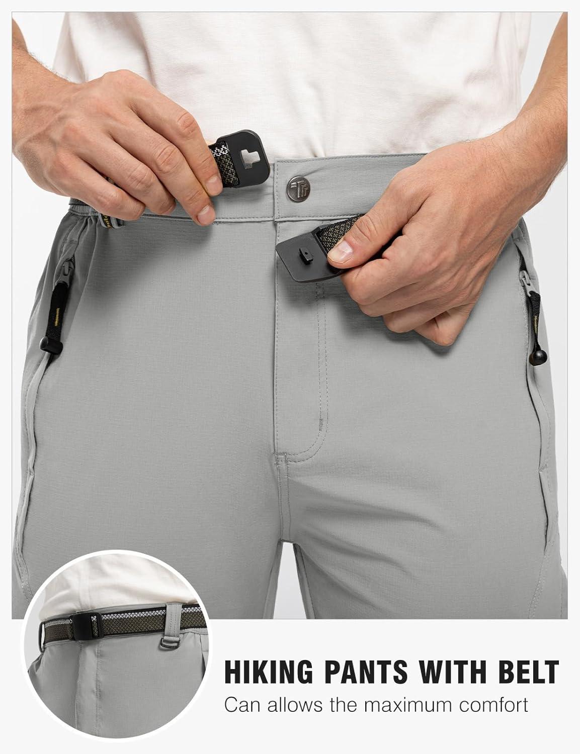 imageTBMPOY Mens Lightweight Hiking Pants with Belt 5 Zip Pockets Waterproof QuickDry Travel Fishing Work Outdoor PantsA7thin Light Gray