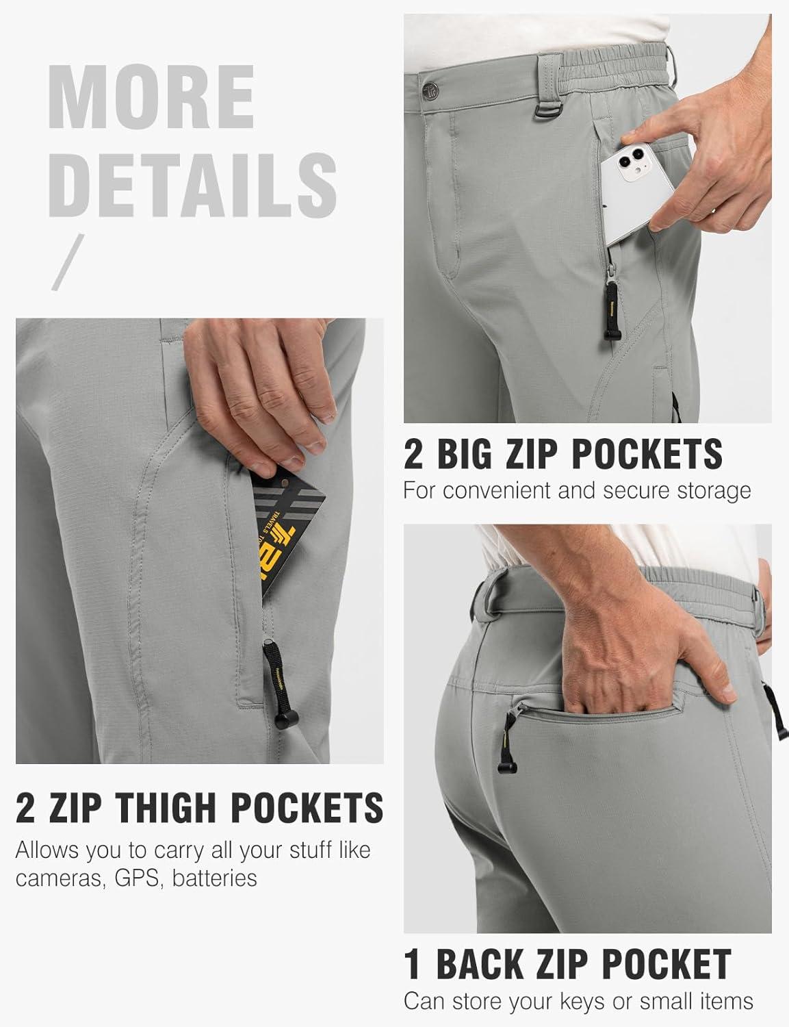imageTBMPOY Mens Lightweight Hiking Pants with Belt 5 Zip Pockets Waterproof QuickDry Travel Fishing Work Outdoor PantsA7thin Light Gray