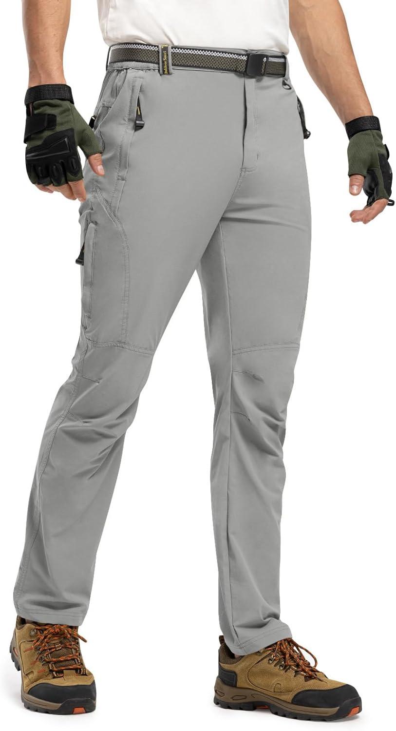 imageTBMPOY Mens Lightweight Hiking Pants with Belt 5 Zip Pockets Waterproof QuickDry Travel Fishing Work Outdoor PantsA7thin Light Gray