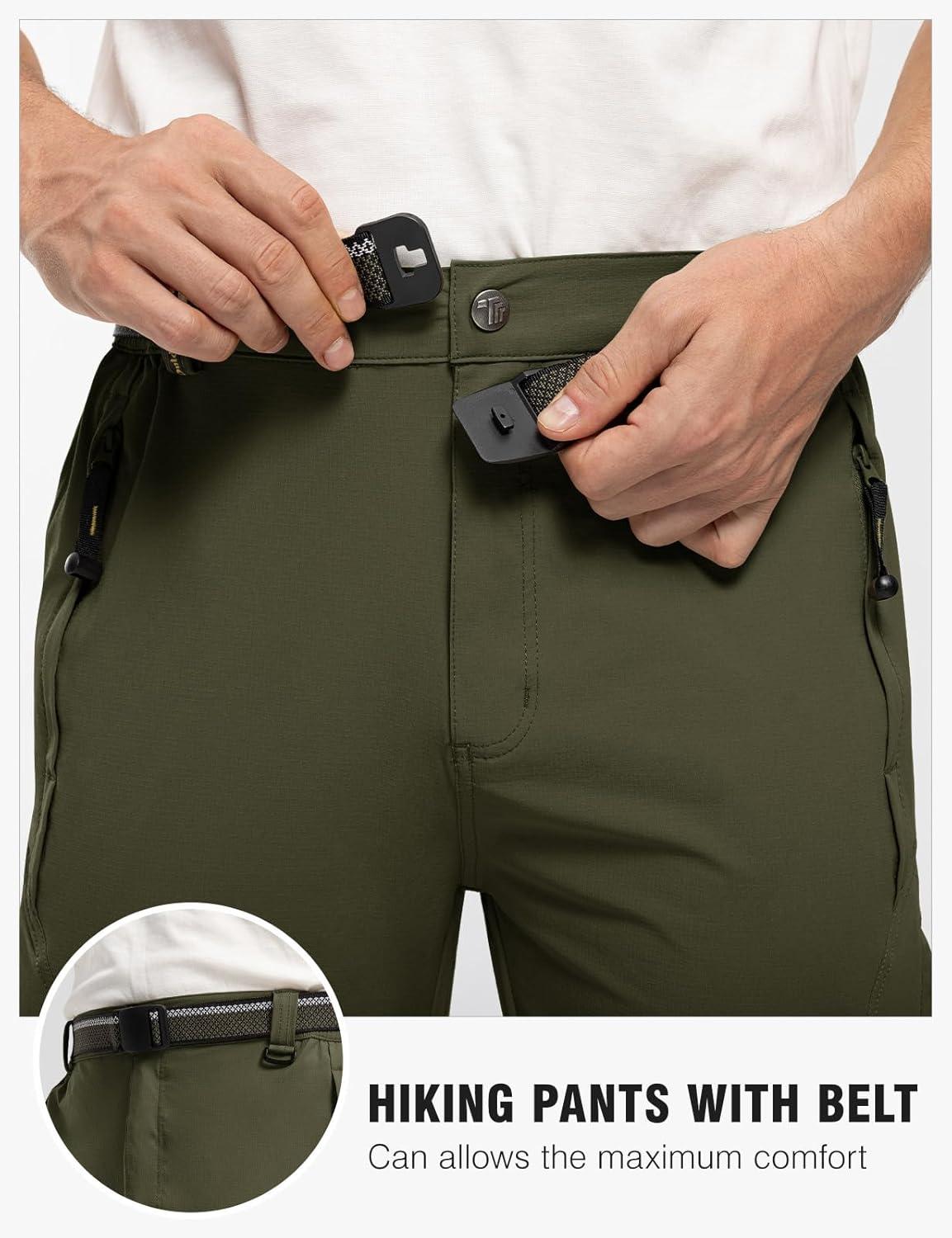 imageTBMPOY Mens Lightweight Hiking Pants with Belt 5 Zip Pockets Waterproof QuickDry Travel Fishing Work Outdoor PantsA8thin Green